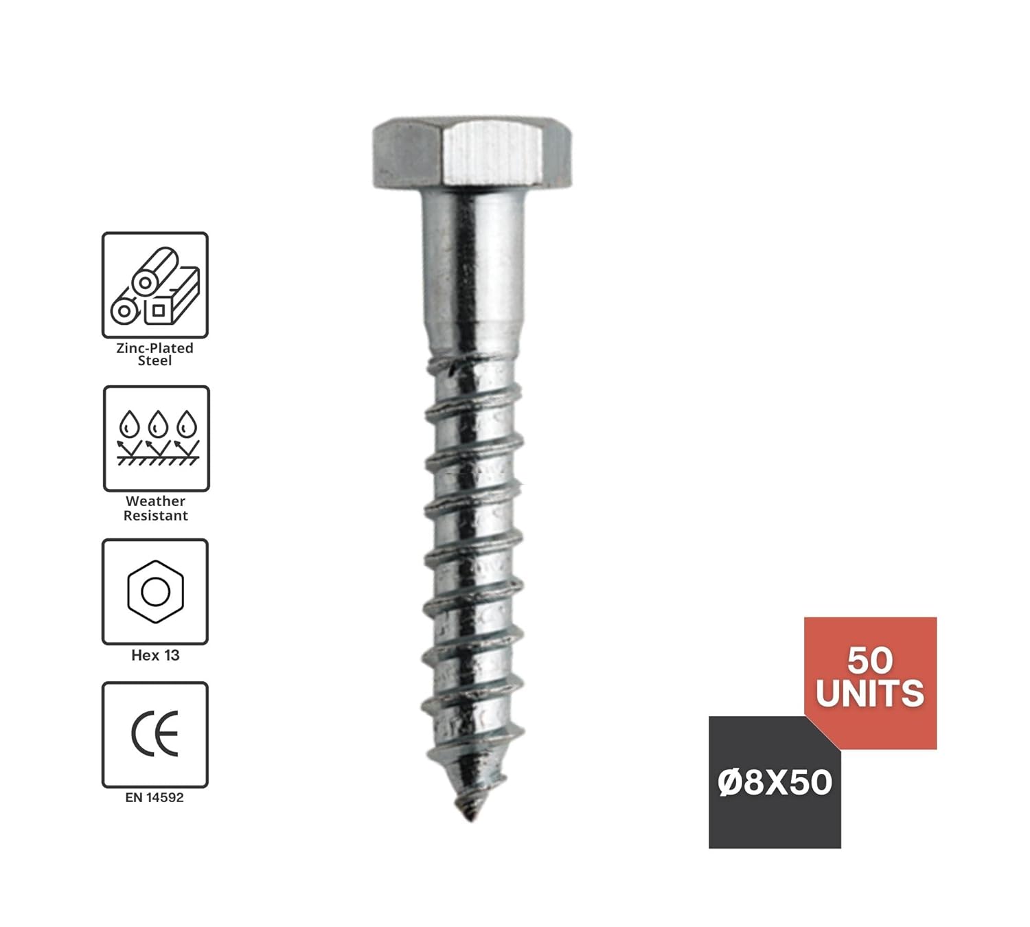 Vis Tirefond M8x50mm Lot de 50 Acier Zingué à Tête Hexagonale