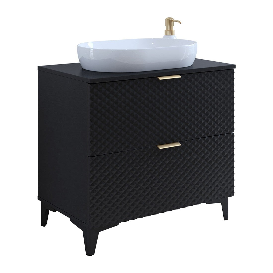 Mueble bajo lavabo de baño de 80cm con 2 cajones colección chic en color negro y dorado.
