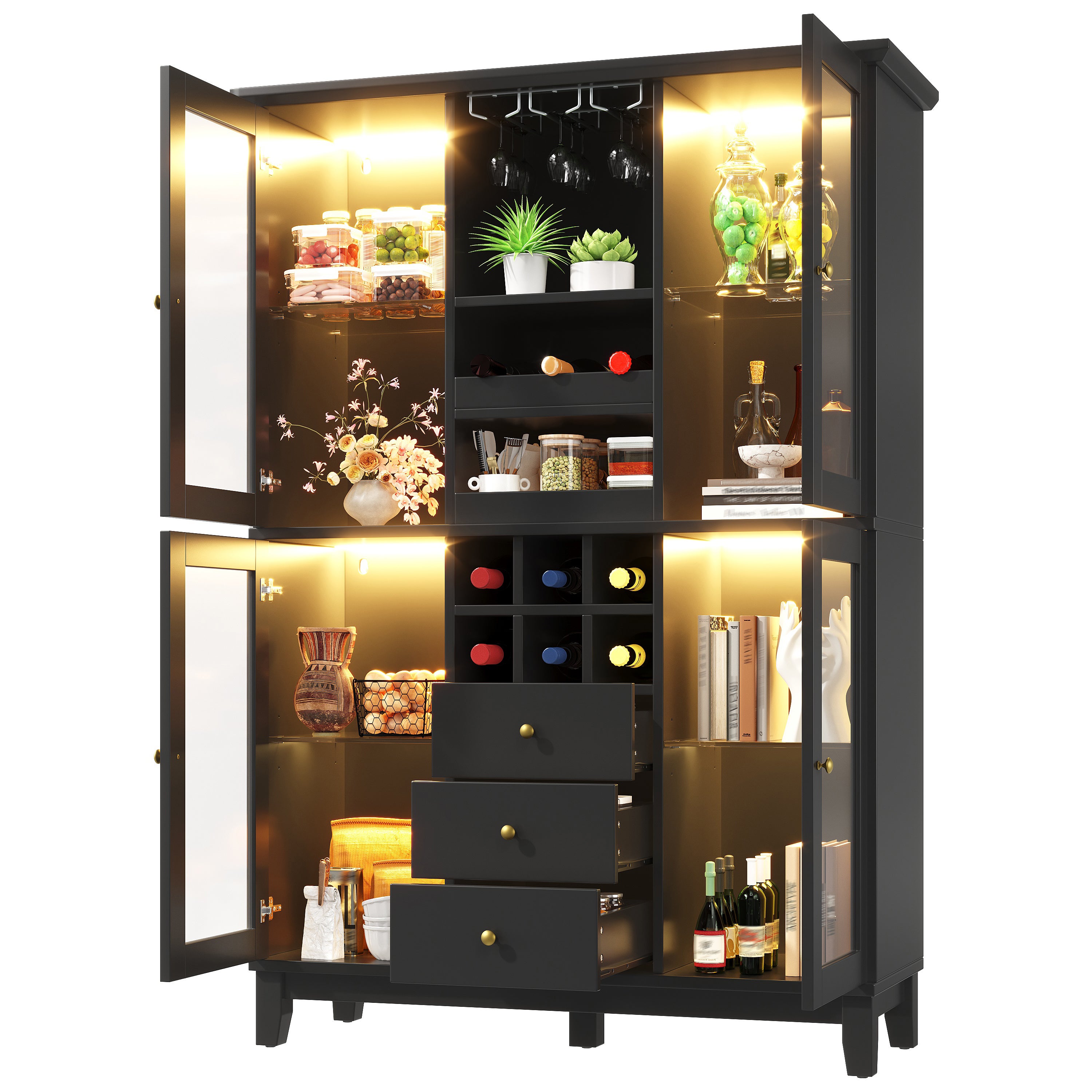 Witryna z 3 szufladami, półką na butelki i 4 drzwiami, komoda - LED - 120 x 40 x 180,5 cm - Płyta MDF, metal i szkło - Kolor czarny - 8