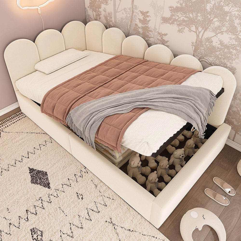 Łóżko dziecięce 90x190 cm, sofa - łóżko tapicerowane ze schowkiem hydraulicznym, metalowa rama z listew, aksamit, beżowy