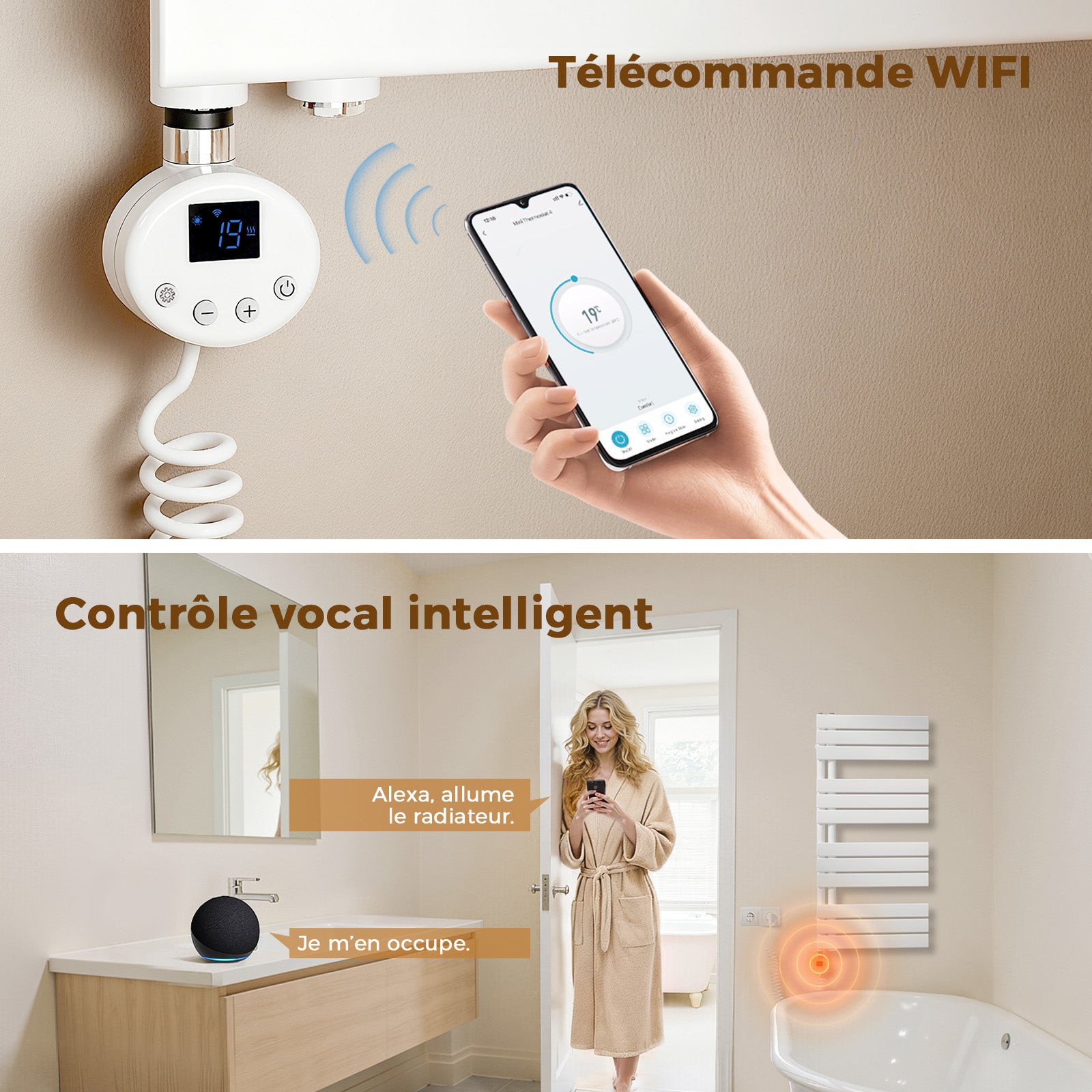 Résistance sèche-serviettes connectée WiFi avec thermostat intelligent – Élément chauffant programmable 900W, commande vocale, Blanc, S'AFIELINA - 2