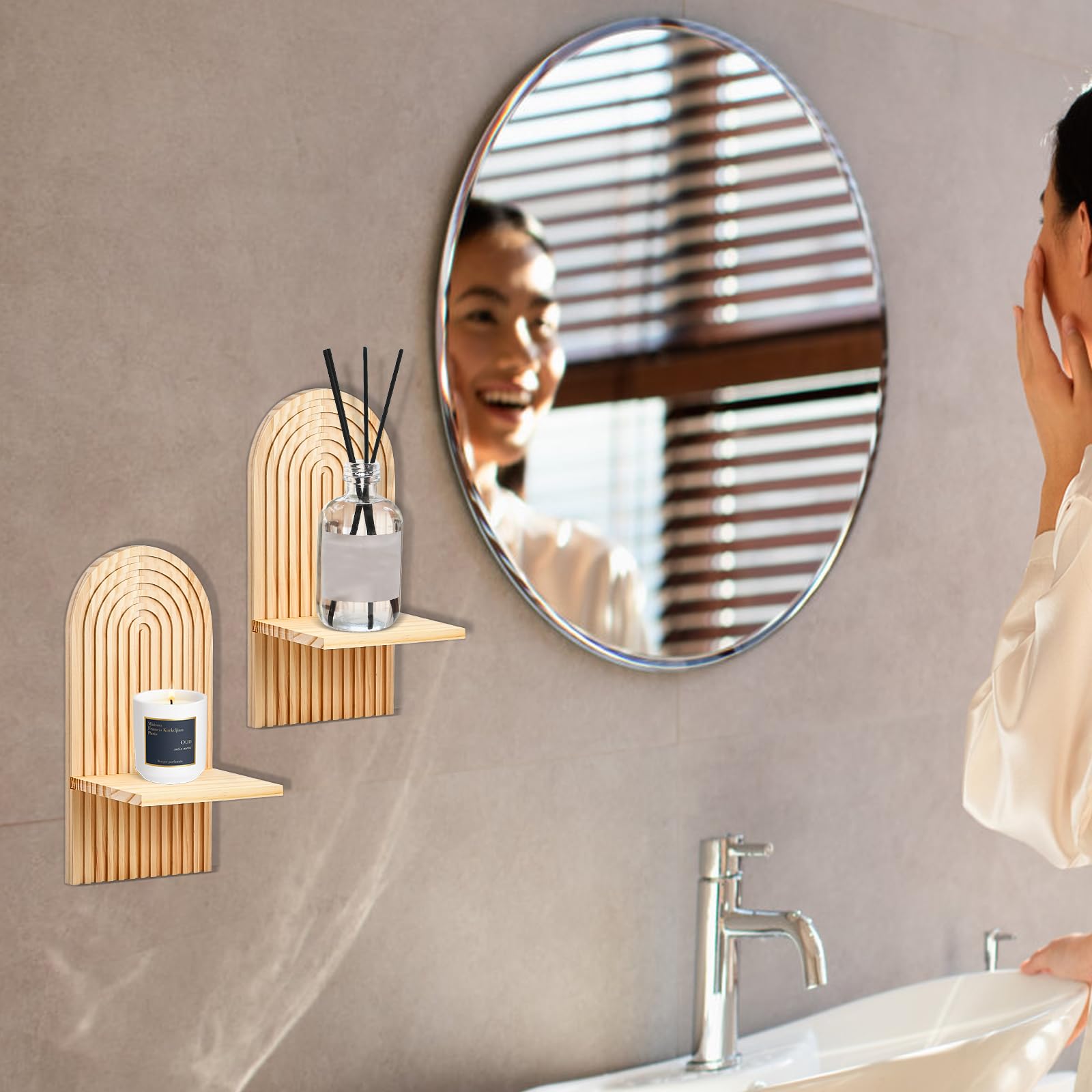 Étagère Murale Bohème en Bois, Étagère Flottante avec Fixation Cachée, Décoration Murale pour Salon, Chambre, Entrée, Chambre d’Enfant - 6