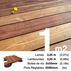 Kit complet terrasse bois exotique CUMARU pour 1 m² • Lames 3,05 m, lambourdes 3,05 m, plots réglables et visserie Inox
