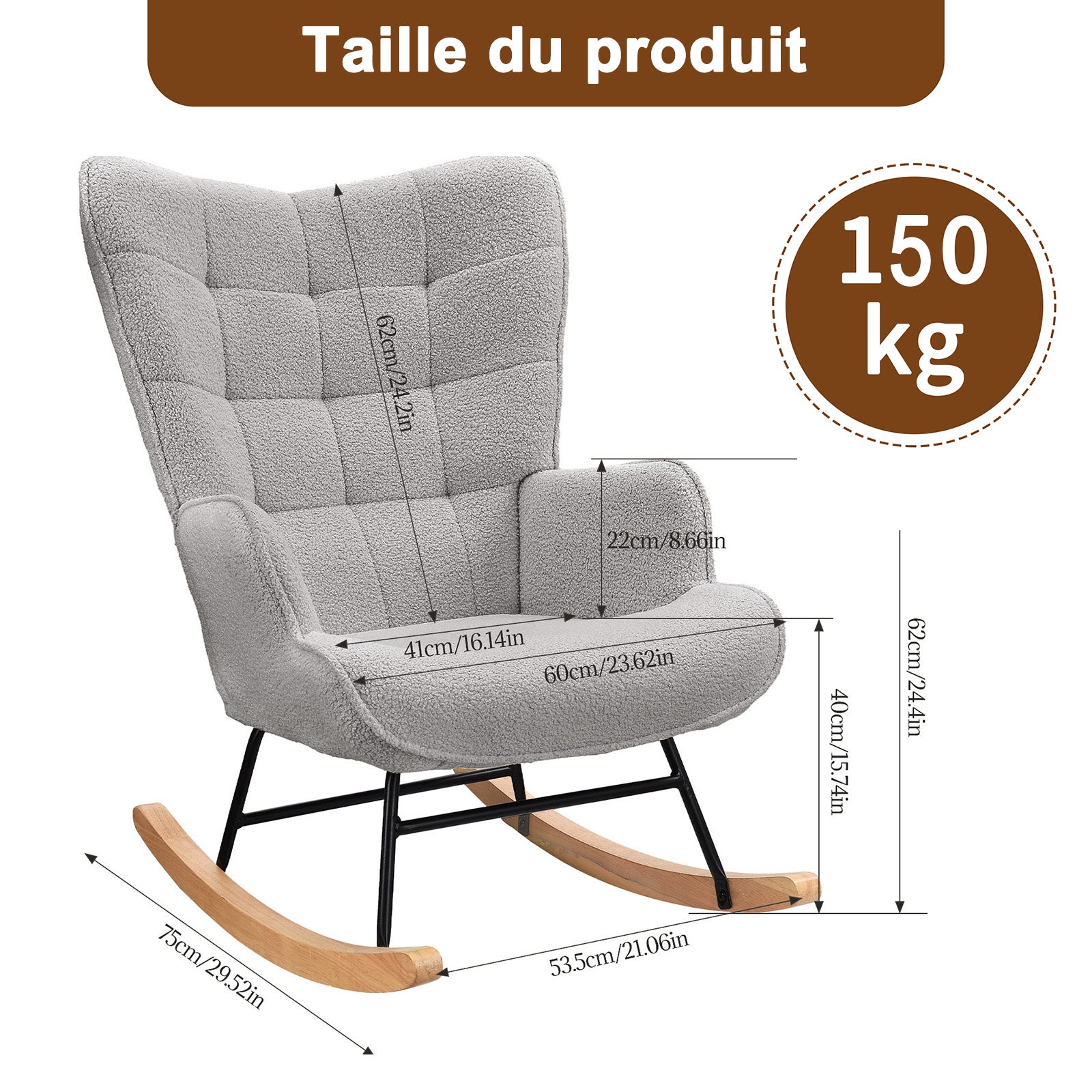Fauteuil à bascule, d'allaitement, de salon, à bascule, avec structure en métal et base en bois, charge maximale:150 kg, tissu en peluche, Gris clair - 3