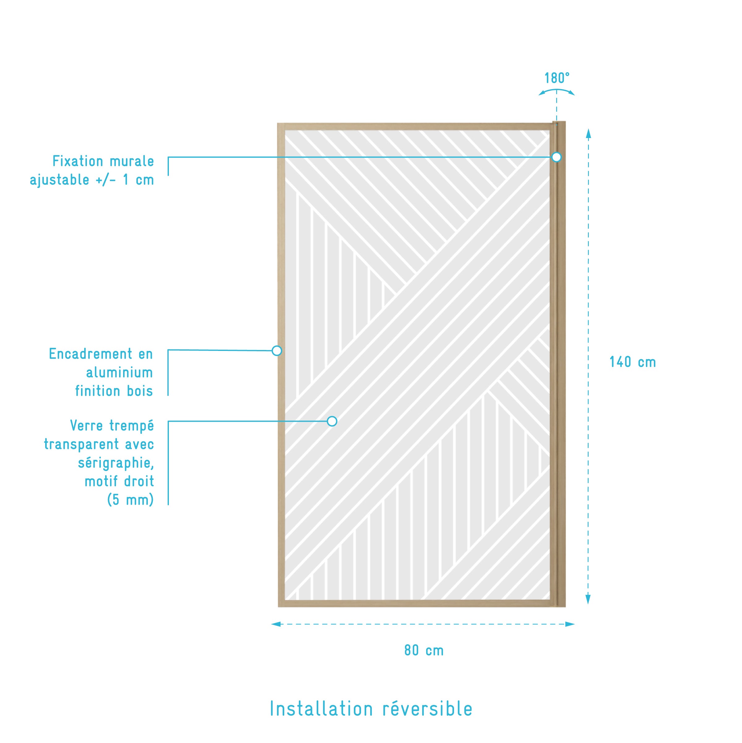 Pare baignoire pivotant 140x80 cm HINATA - style Japandi géométrique - Cadre effet bois - Verre 5 mm - 4