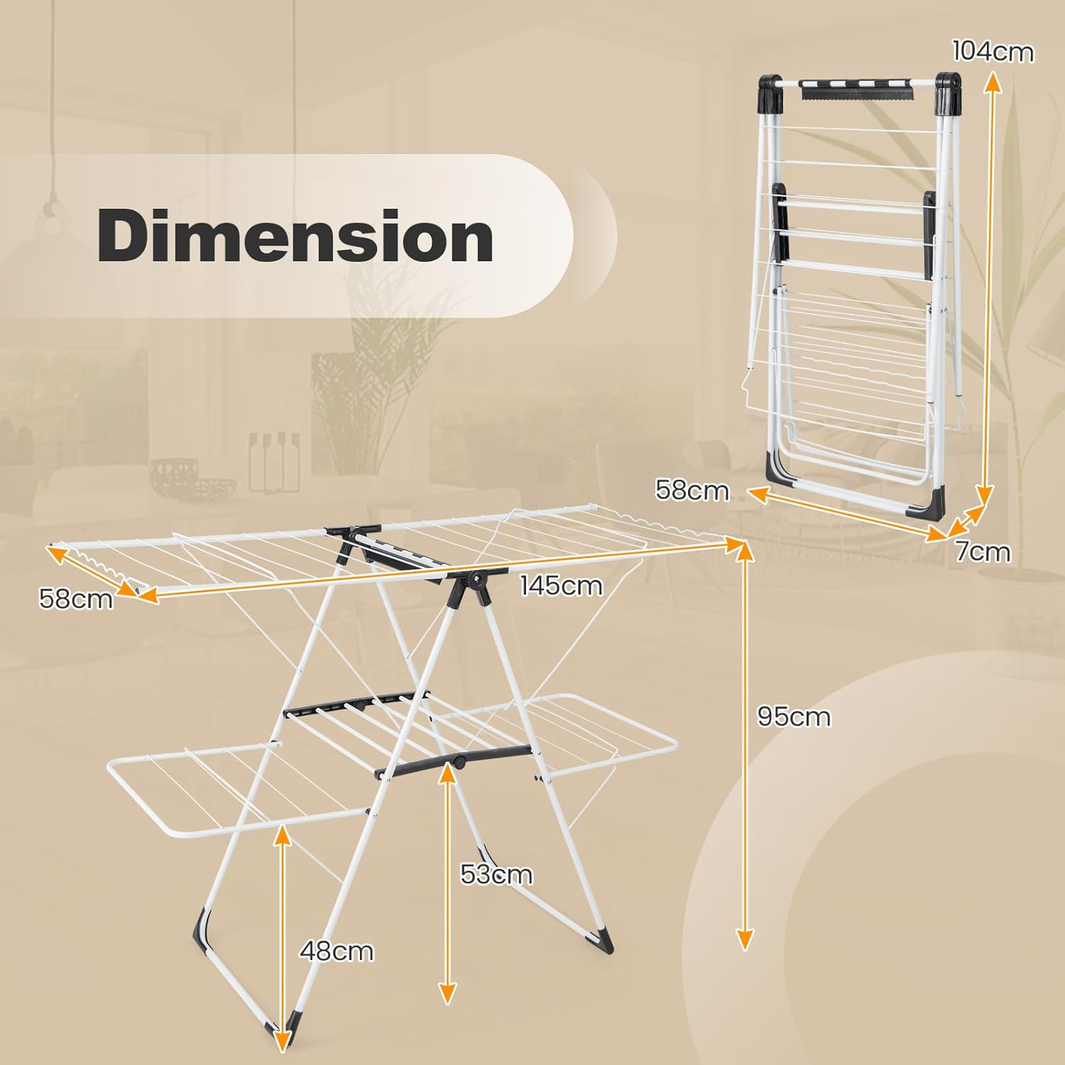 Etendoir Linge Interieur Pliable, Sechoir a Linge 2 Niveaux en Métal, 33 Barres, 4 Ailes Réglables, Pinces à Chaussettes, Intérieur Extérieur - 8