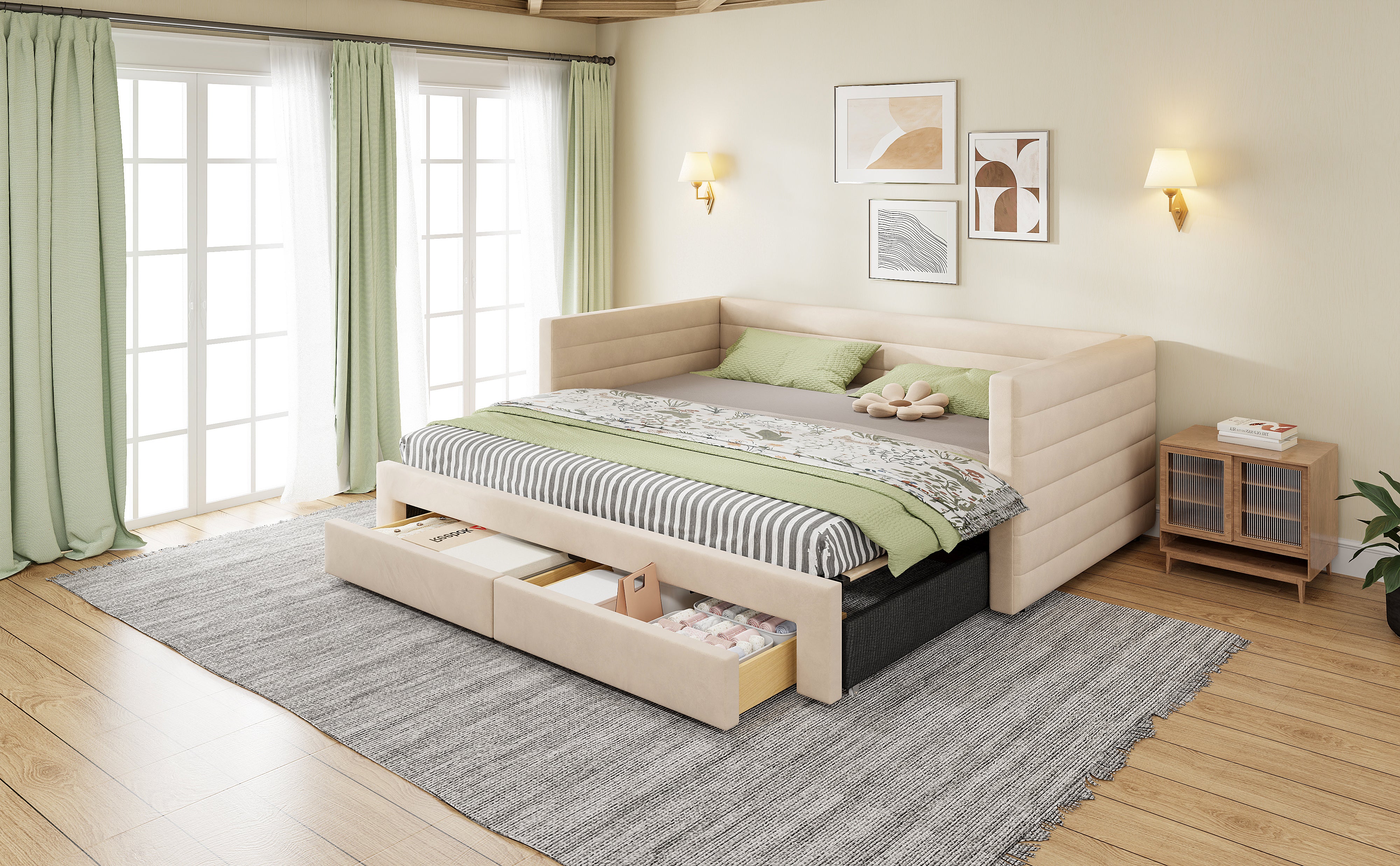 Łóżko wysuwane 90/180 x 200 cm z zagłówkiem, sofa rozkładana - Tkanina lniana - Beżowy (Materac nie jest wliczony w cenę) - 6