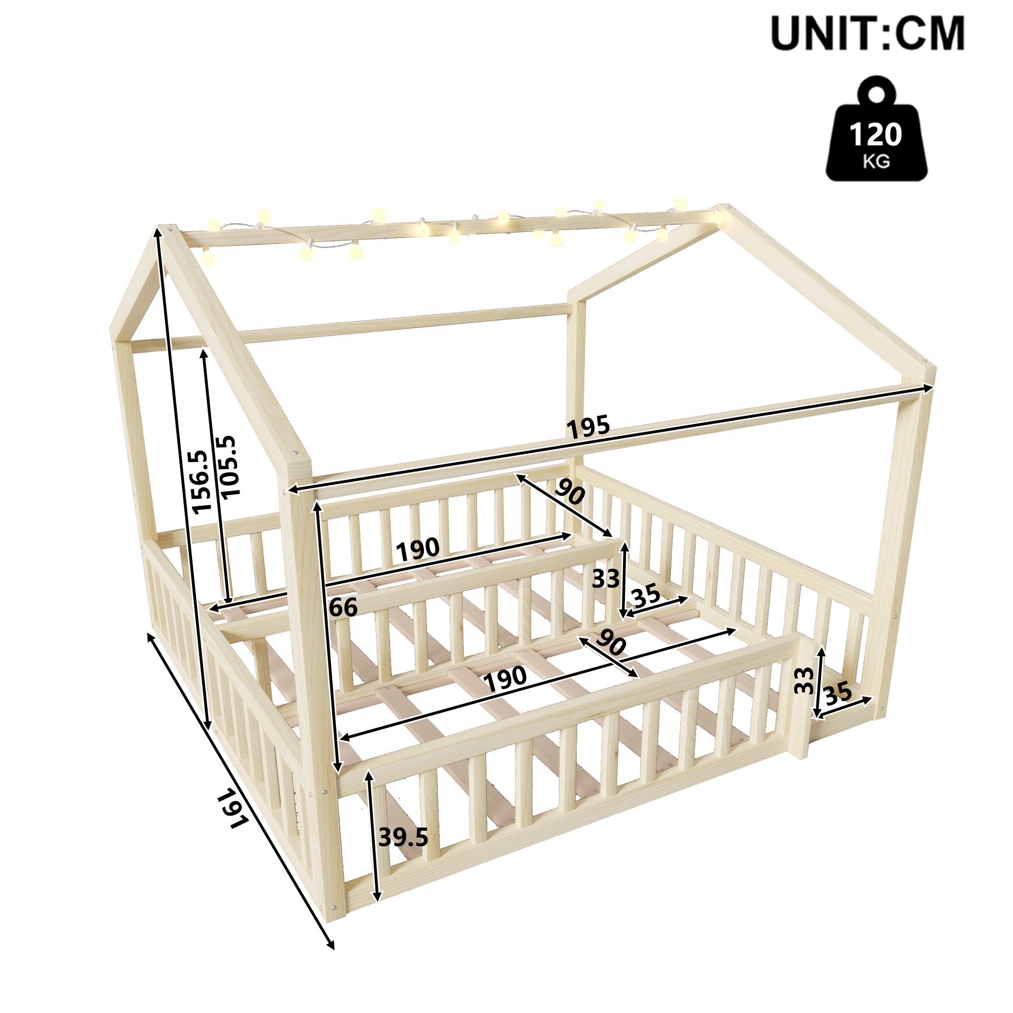 Lit enfant enfant Lit double 180x190 cm avec barrière, 90x190 cm x2 , style minimaliste, pin, LED intégrées, Natural - 5