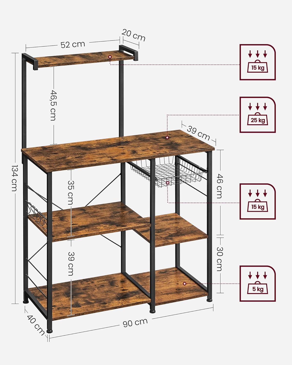 Scaffale Cucina con Cestino Metallo, 6 Ganci, Ripiani a S, per Microonde, Spezie, Pentole, Industriale - 6