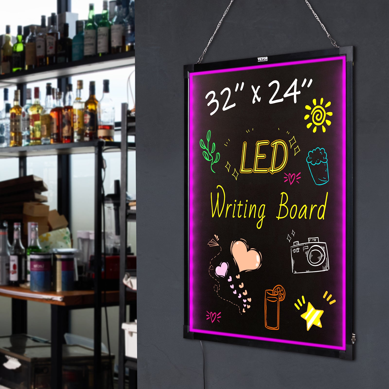 Tableau d'affichage lumineux LED,VEVOR 81,3 x 61 cm,panneau lumineux effaçable néon,affichage du menu 8 marqueurs à craie lumineuses télécommande - 8