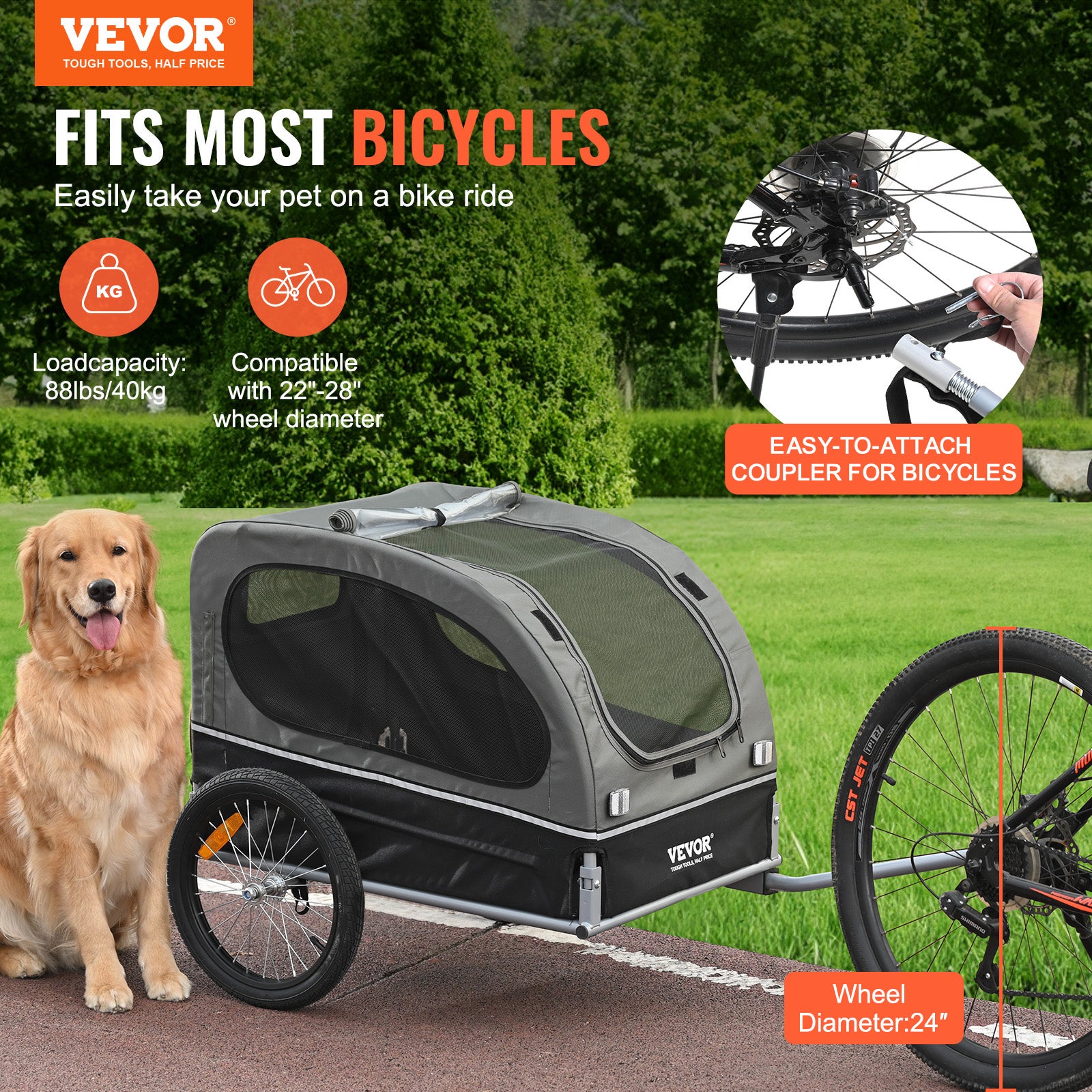 Remorque de Vélo Chien Pliable VEVOR Charge 40 kg Porte Animaux de Compagnie de Vélo Cadre Facile à Plier avec Roues à Dégagement Rapide, Universel - 2