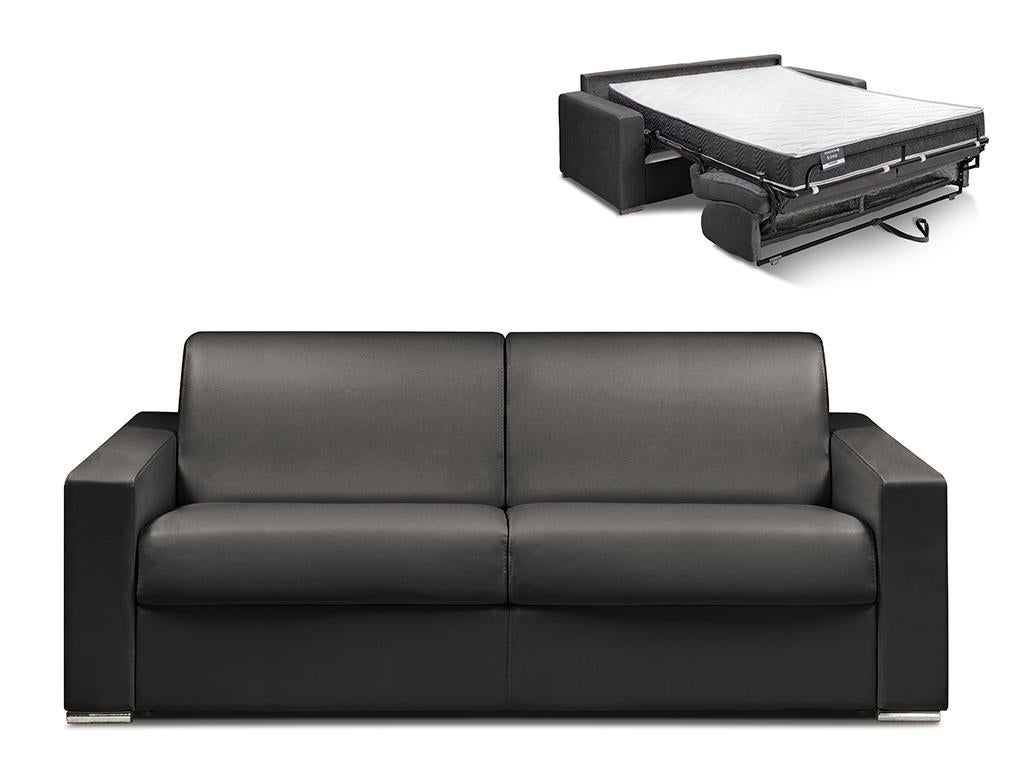 Kanapa 4-osobowa z ekspresowym mechanizmem rozkładania z ekoskóry CALITO - Czarny - Wymiary miejsca do spania: 160 cm - Materac 18 cm z pamięcią