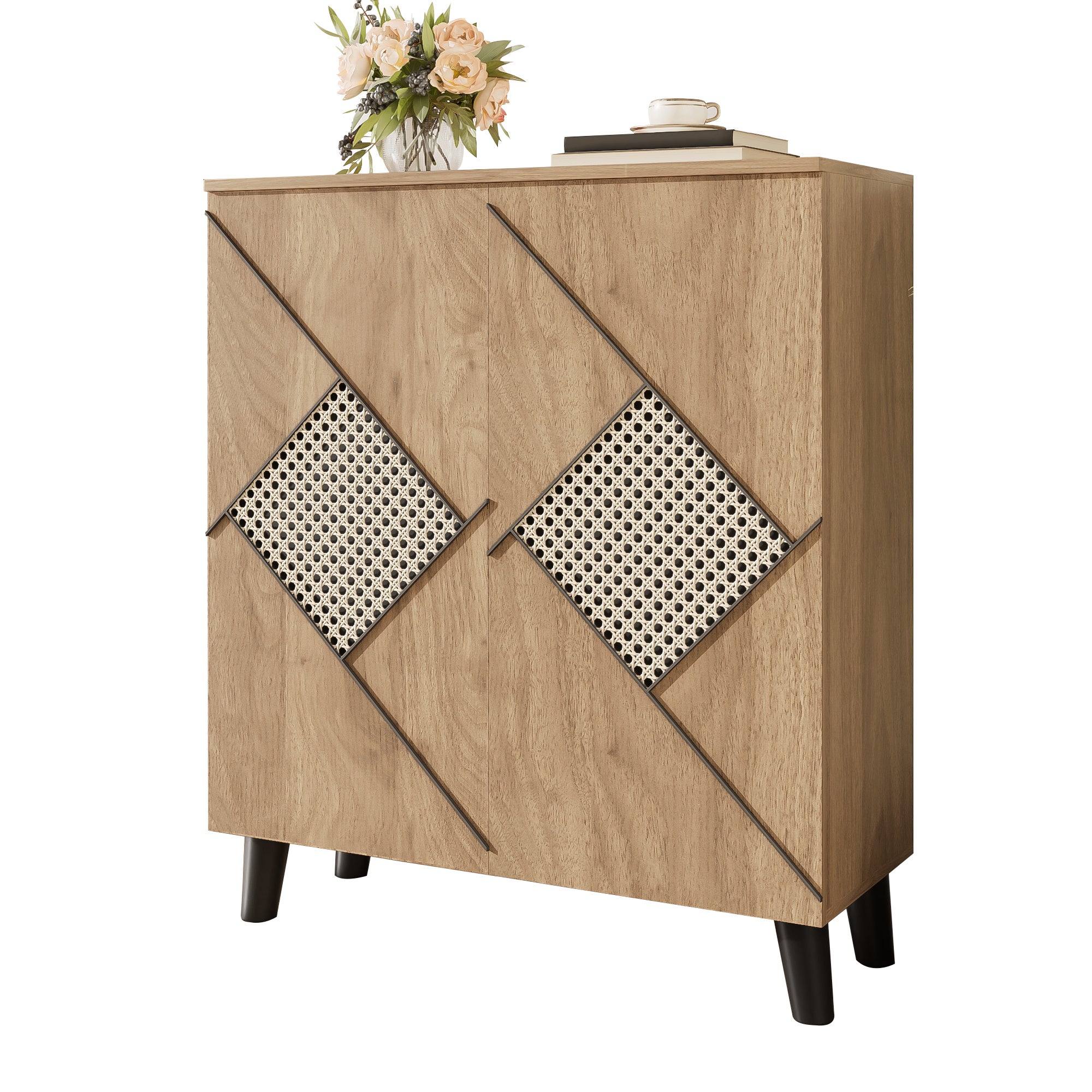 Szafka na buty z 2 drzwiami imitującymi rattan - 80 x 32 x 91 cm - Płyta wiórowa i nogi z tworzywa PVC - Kolor drewna - 2