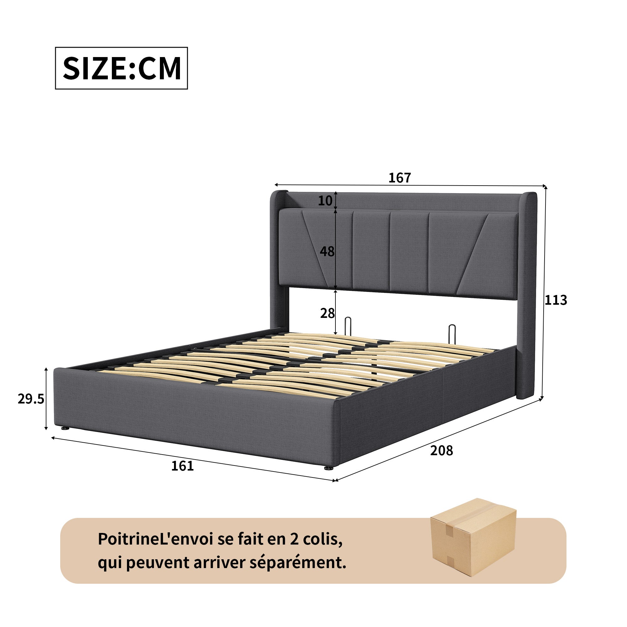 Lit Coffre 160x200 avec USB et Type C, Lit capitonné avec Sommier à Lattes, Lit Double, Gris - 4