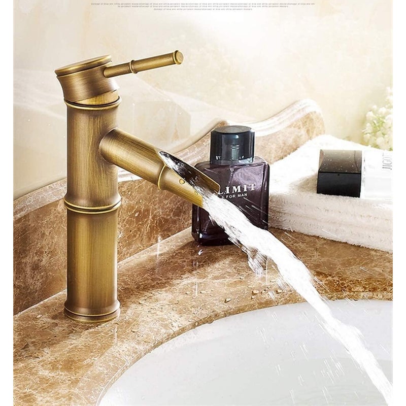 Bateria umywalkowa typu wodospad w kształcie bambusa, jednootworowa, na wodę ciepłą i zimną, antyczna (wysokość: 208 mm)