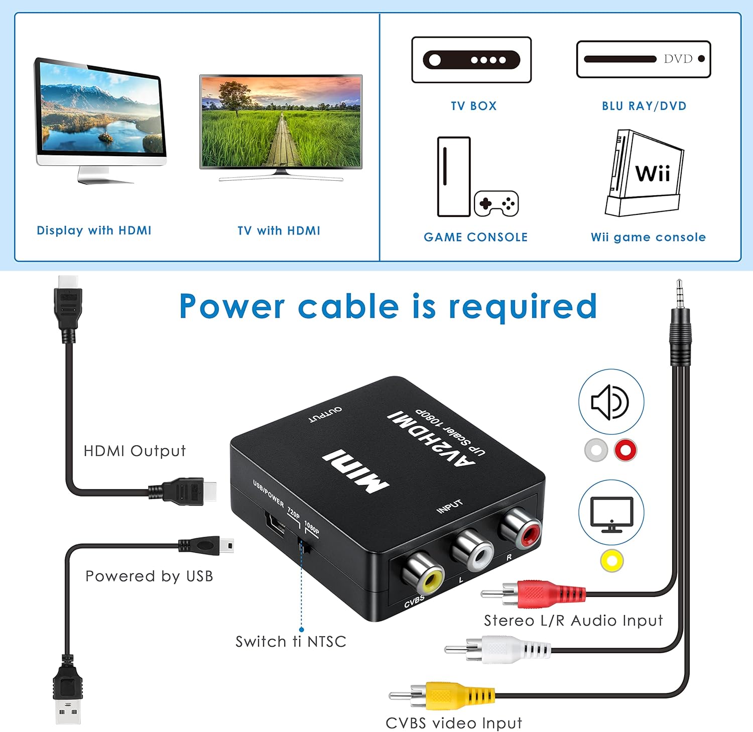 Adaptateur RCA vers HDMI, convertisseur audio et vidéo AV vers HDMI prenant en charge 1080P avec cordon d'alimentation USB pour PS2 Gamecube VHS - 3