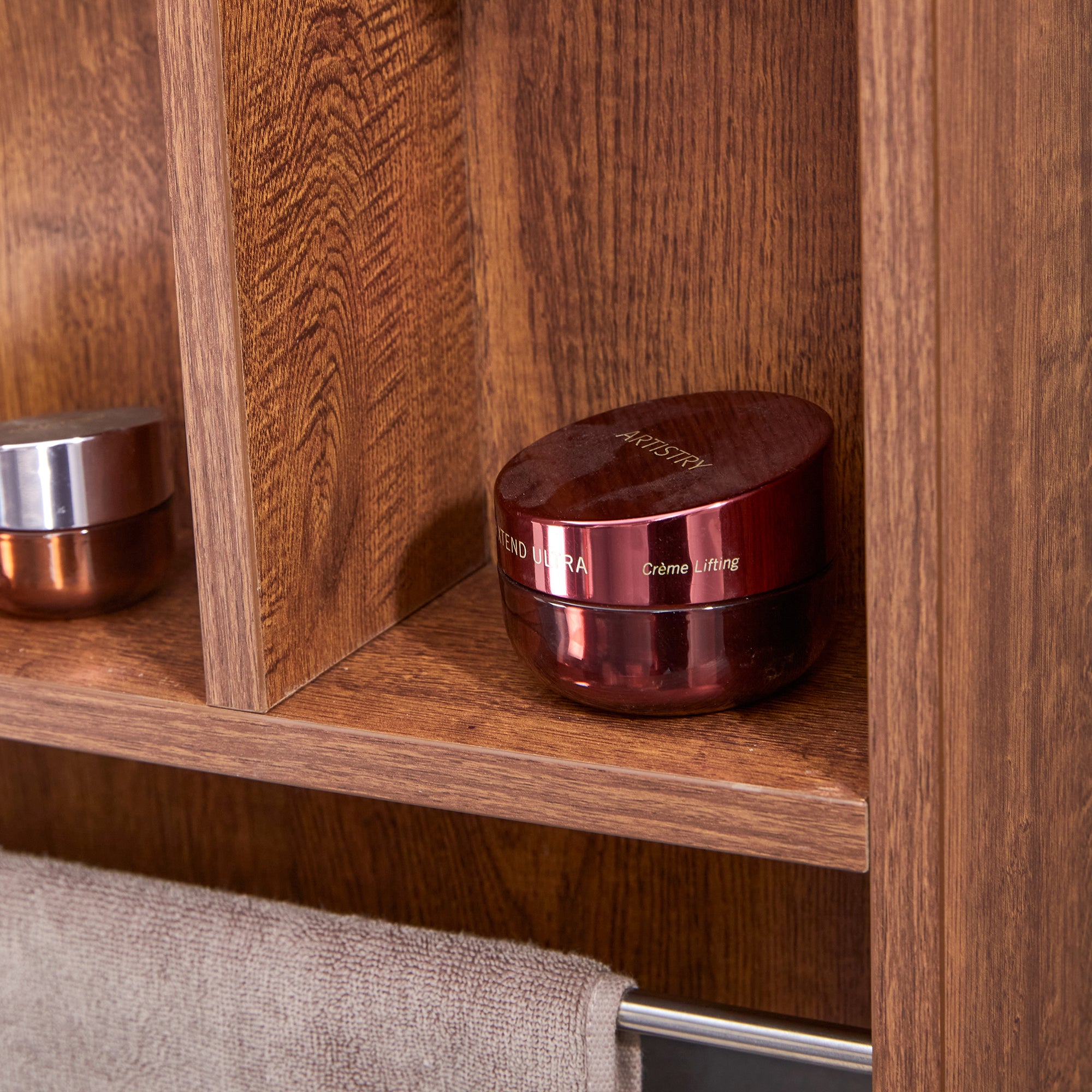 Armoire de salle de bain murale, miroir intégré, étagères ouvertes, MDF, noyer - 7