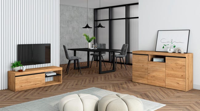 Set Mobili Soggiorno Skraut Home Stile Nordico - Credenza, Mobile TV, Tavolo Allungabile In Rovere E Nero - Foto 6