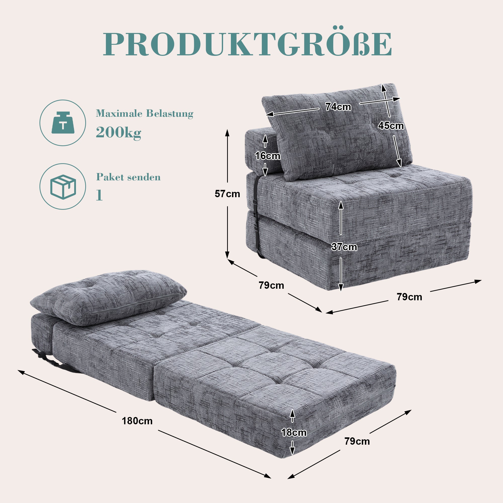 Canapé-lit pliable, canapé-lit avec coussins, matelas pliable avec dossier, canapé pliant portable, canapé de sol confortable pour salon et chambre - 8