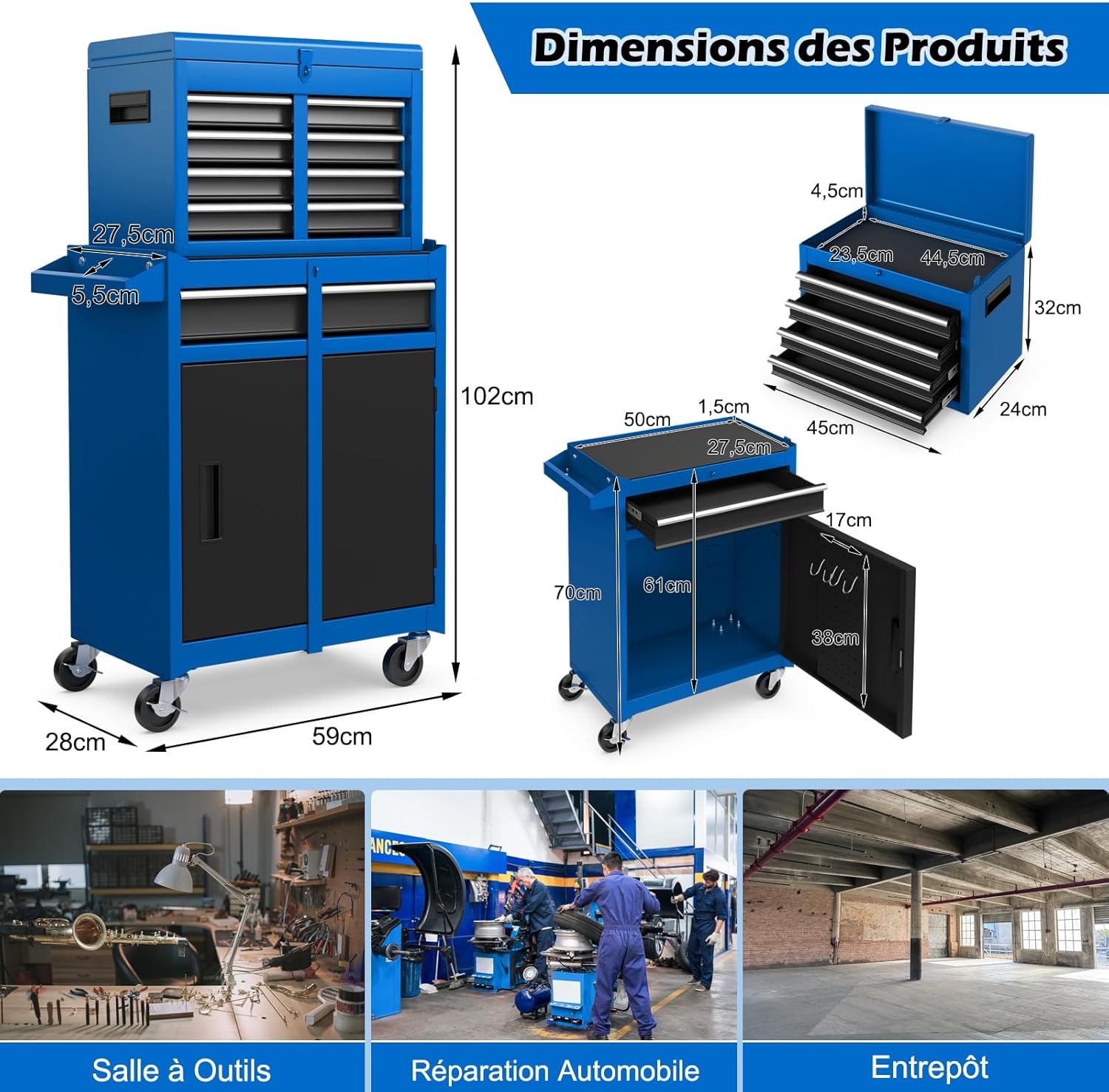 Servante Porte Outils à Tiroirs et Armoire de Rangement, Caisse à Outils Verrouillables Étagère Réglable Doublure, pour Garage Atelier (Bleu) - 5
