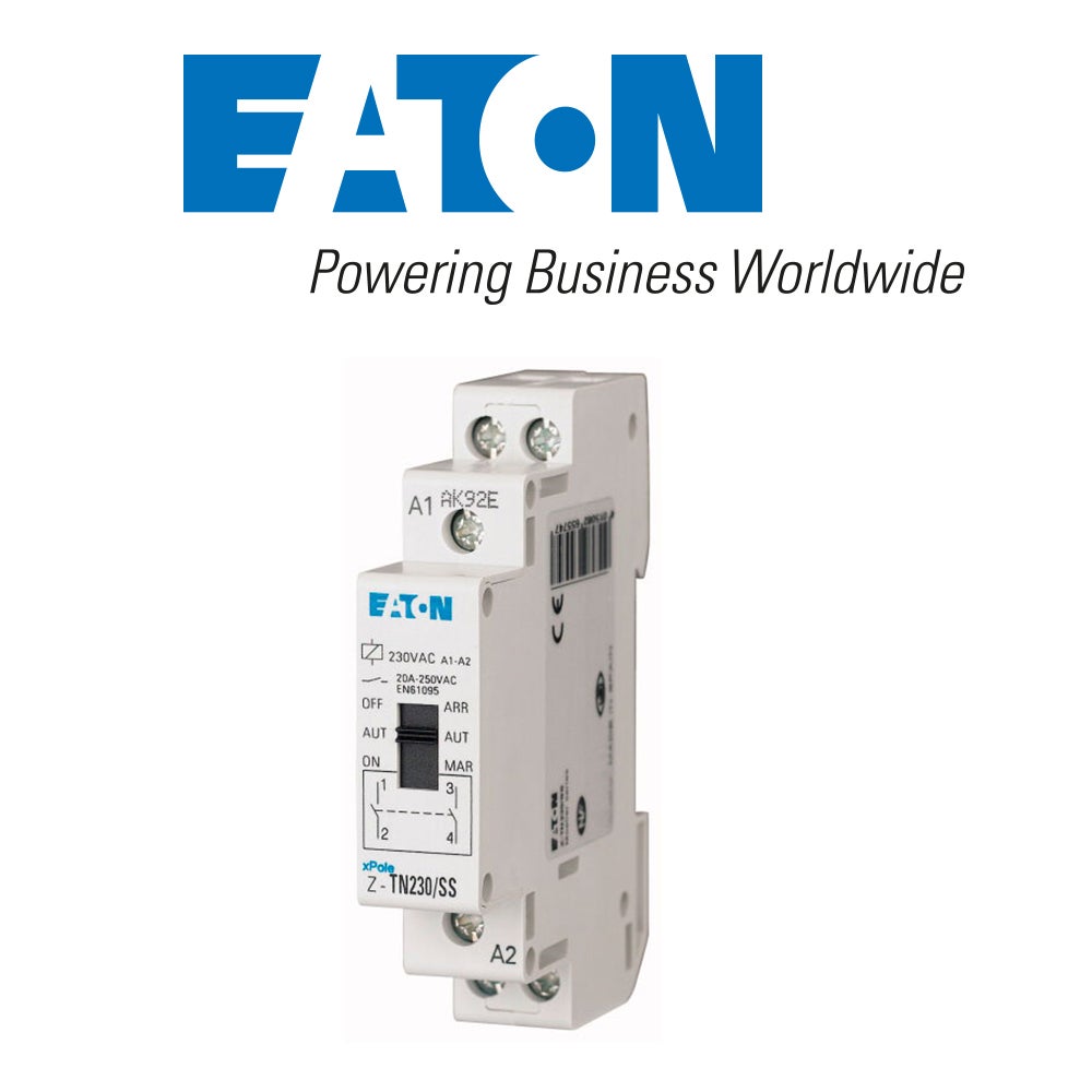 Contacteur jour/nuit Eaton, relais heures creuses 20A, tension 250 VAC, fixation rail DIN, conforme norme IEC/EN 60947 - 2