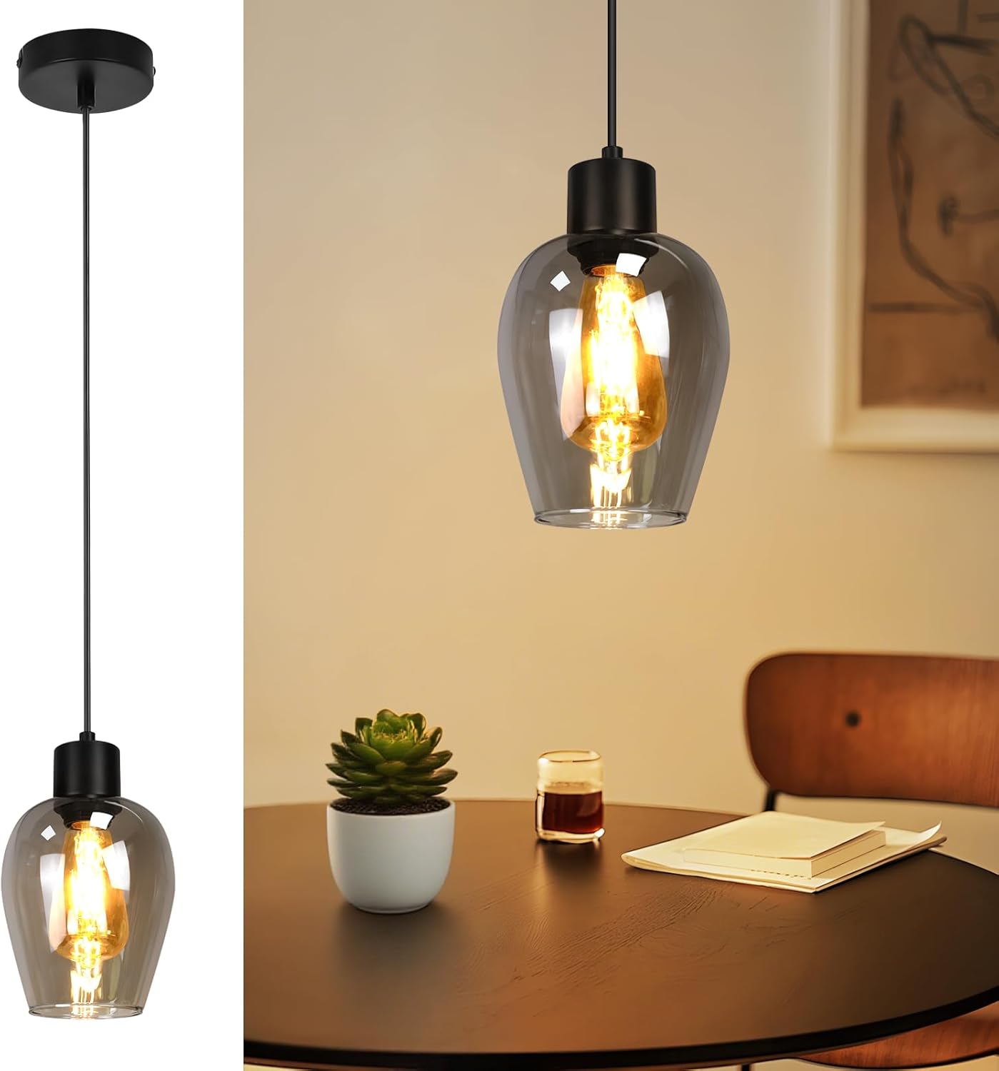 ZMH Czarna lampa wisząca nad stół jadalny - Vintage 1-punktowa lampa wisząca ze szkła E27 do kuchni i sypialni (żarówka nie jest dołączona)