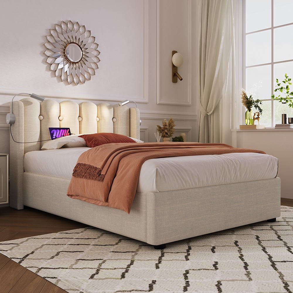 Lit coffre Lit simple rembourré Tête de lit Espace de rangement Cadre de lit en velours Lit d'adolescent 90x200 avec sommier à lattes Naturel - 4