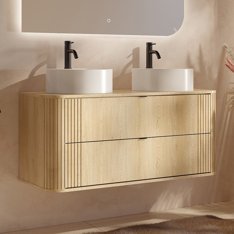 Szafka łazienkowa wisząca z podwójną okrągłą umywalką nablatową - Jasne drewno naturalne - L120 cm - FILOR