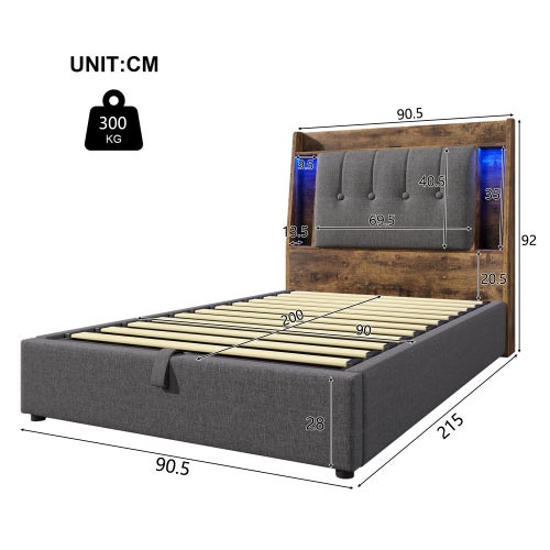 Łóżko tapicerowane 90x200 cm, łóżko pojedyncze z oświetleniem LED i portem USB typu C, len, kolor szary - 3