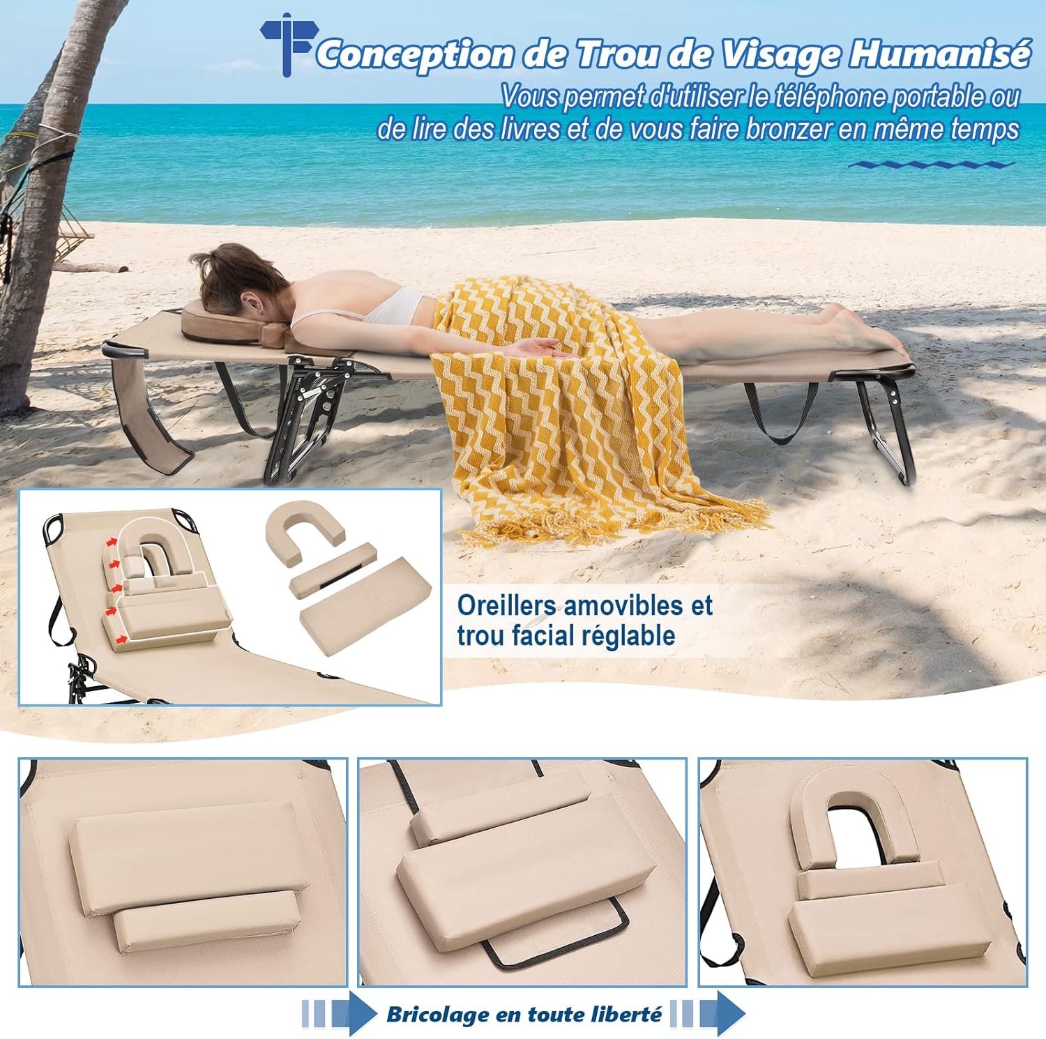 Transat Jardin Extérieur/Chaise Longue Pliante Réglable en 5 Positions, Bain de Soleil avec Trou pour Visage, 3 Coussins Amovibles, Charge 160 KG - 8