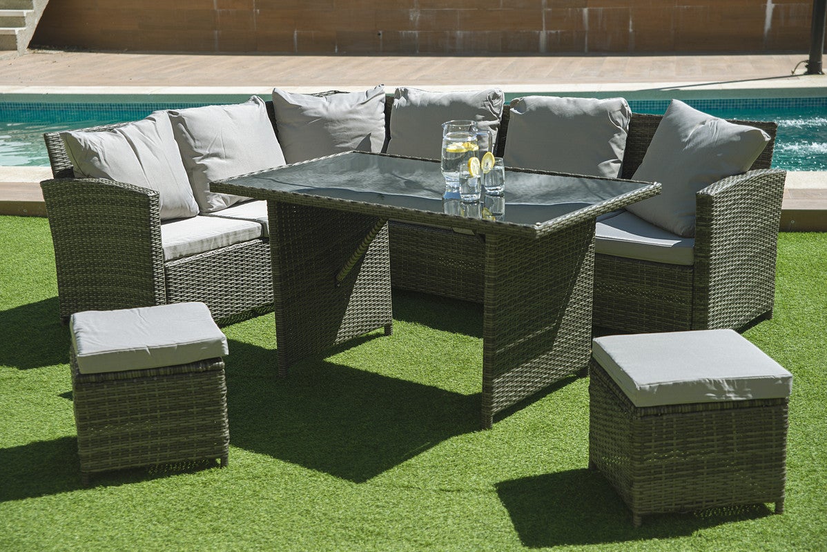 Sofa Rinconera + Mesa + 2 puffs de Ratan PE. Muebles de Jardin y Terraza, Gris - 5