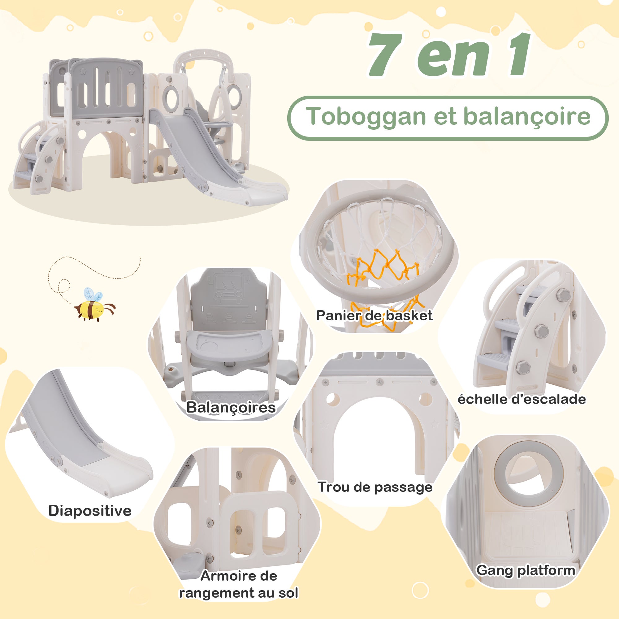 LZQ Toboggan Enfant 4 En 1 Avec Panier Basket Et Balançoire - Plastique Résistant, Intérieur/Extérieur - 175x140x120 Cm