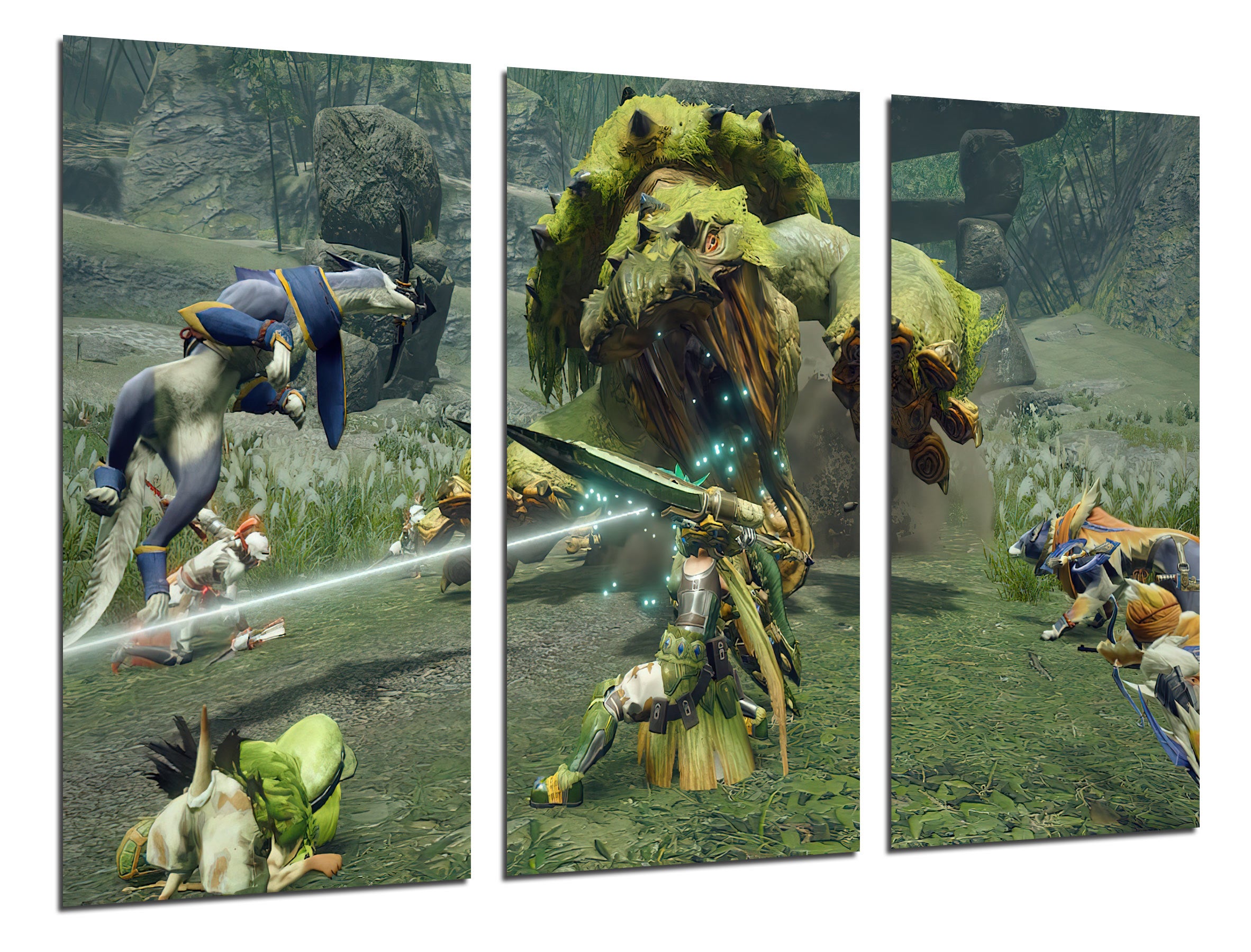 Set cuadros vídeo juego, monster hunter rise, paisaje, impresión digital sobre madera