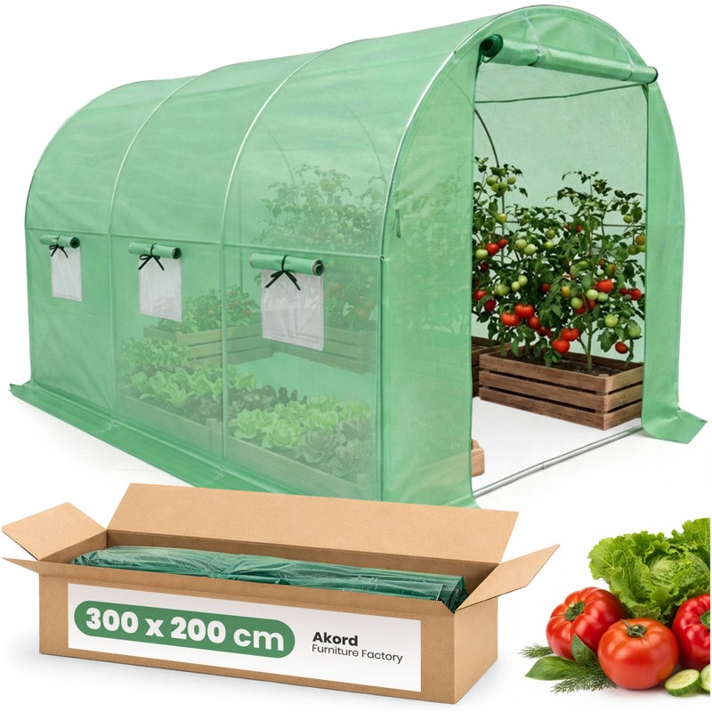 Tunel foliowy ogrodowy szklarnia AKORD 1 drzwi 6 okien Zielony 200x300x200 cm