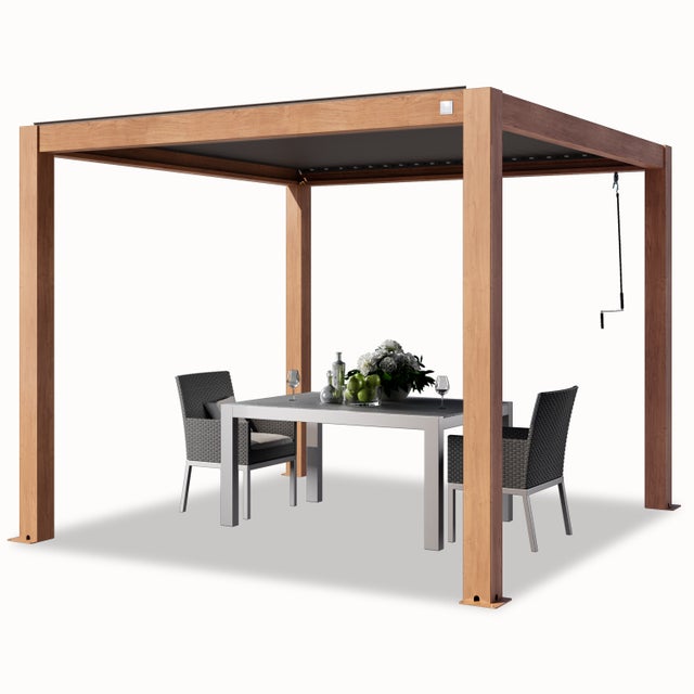 PRIMEYARD Pérgola 3x3 m postes de aluminio aspecto de madera con techo de lamas de aluminio pabellón de jardín