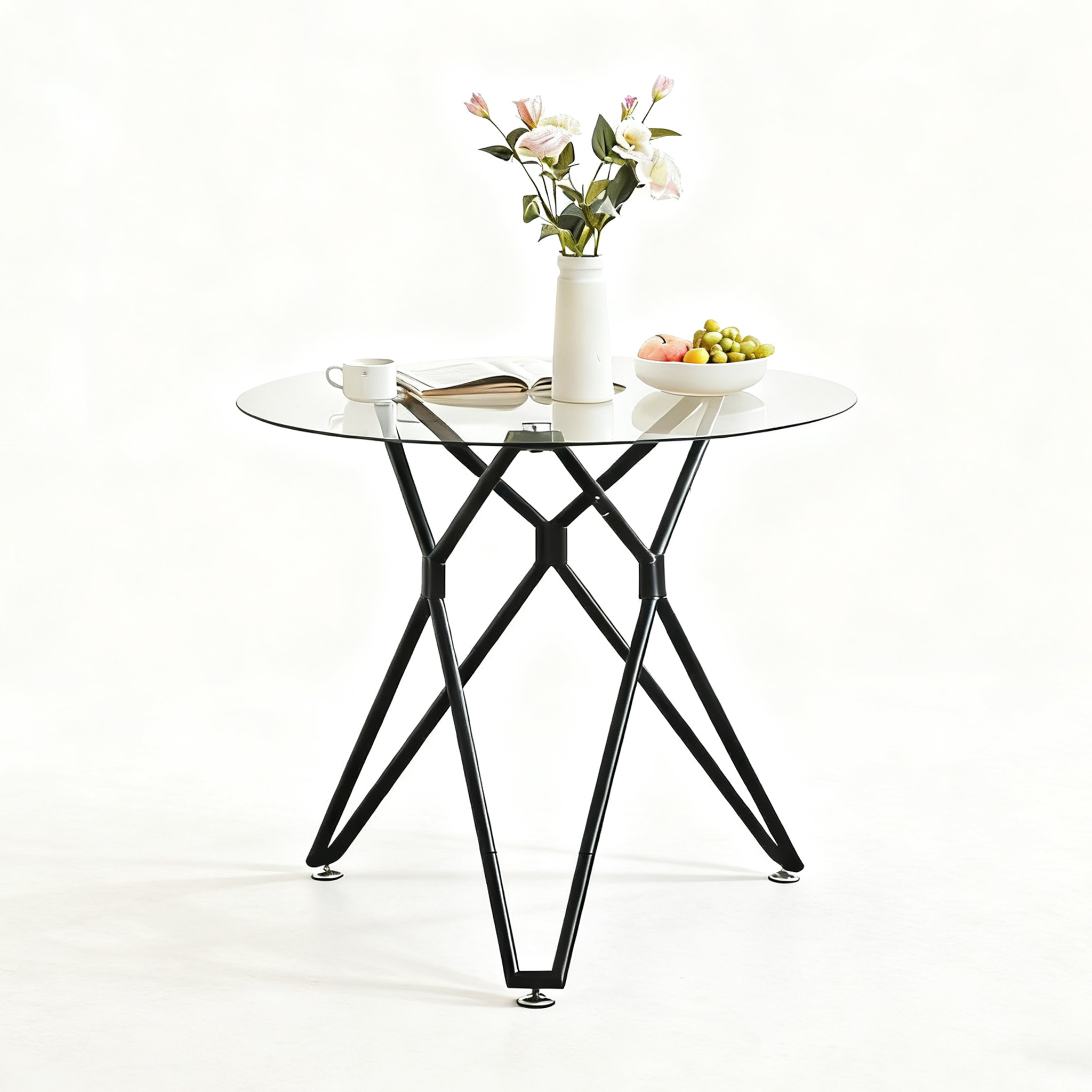 Stół jadalny okrągły z hartowanego szkła 90 cm - czarny, stalowe nogi, do 4 osób