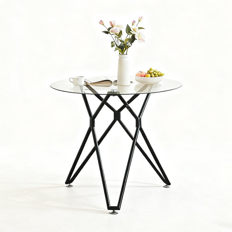 Stół jadalny okrągły z hartowanego szkła 90 cm - czarny, stalowe nogi, do 4 osób