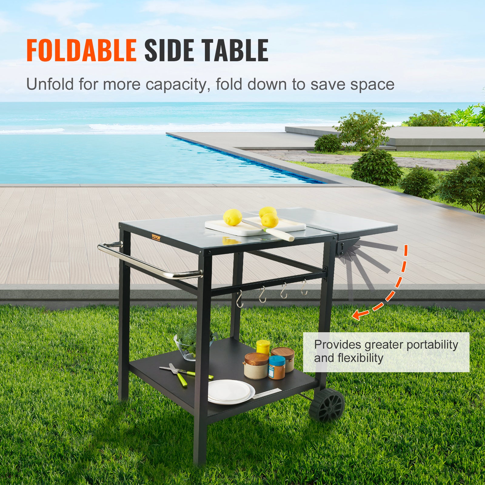 Desserte Plancha à VEVOR 2 Niveaux Chariot de Barbecue avec Plan de Travail Pliable Table de Barbecue sur Roulettes pour Préparation de Cuisine BBQ - 3
