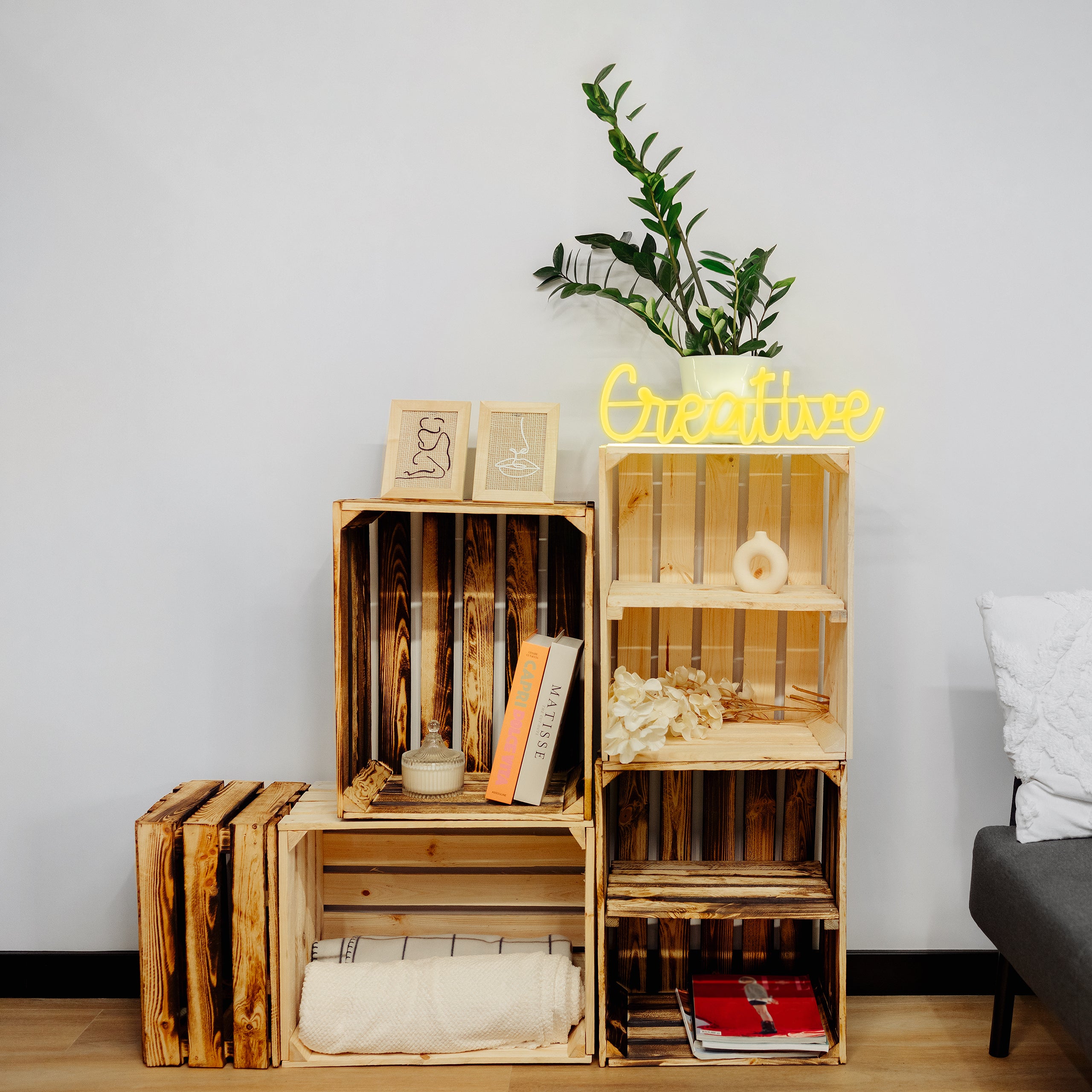 Creative Deco Caisse en Bois Flammé avec Etagere | 50x40x30 cm | Caisse de Rangement | Caisse Bois Rangement Vintage | Cagette Rangement Bois - 4