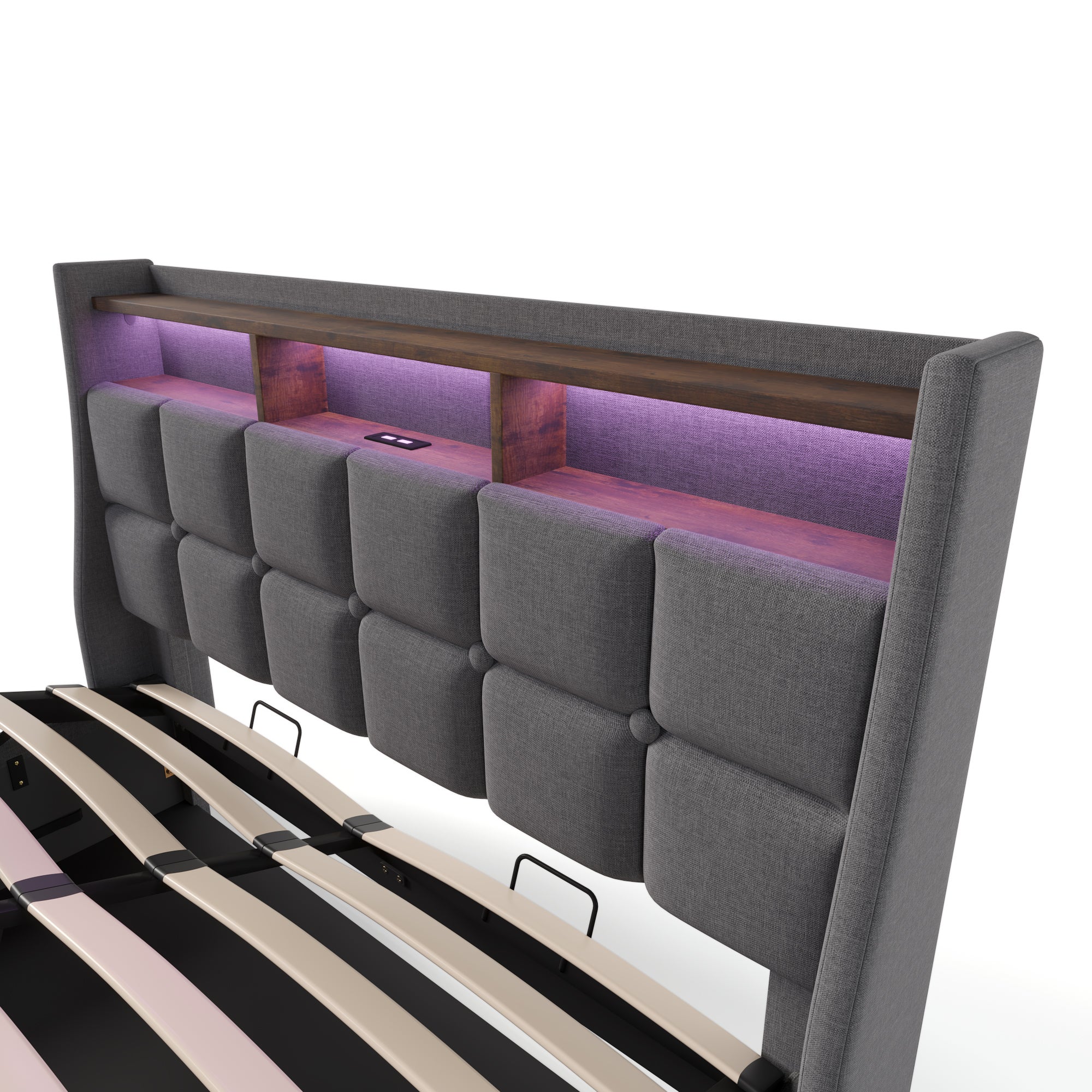 Cama con almacenaje de lino 160x200cm con LED y puertos USB - somier - gris - 9
