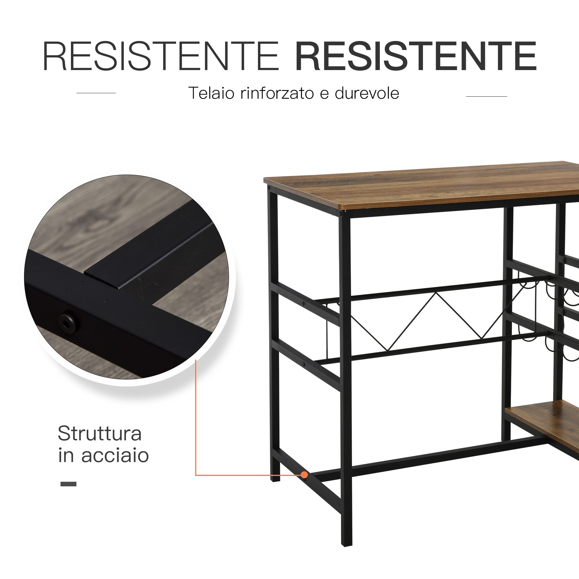 HOMCOM Set Tavolo 2 Sgabelli Alti Da Bar In Legno Isola Cucina Con Portabottiglie E Portabicchieri In Stile Industriale - 6