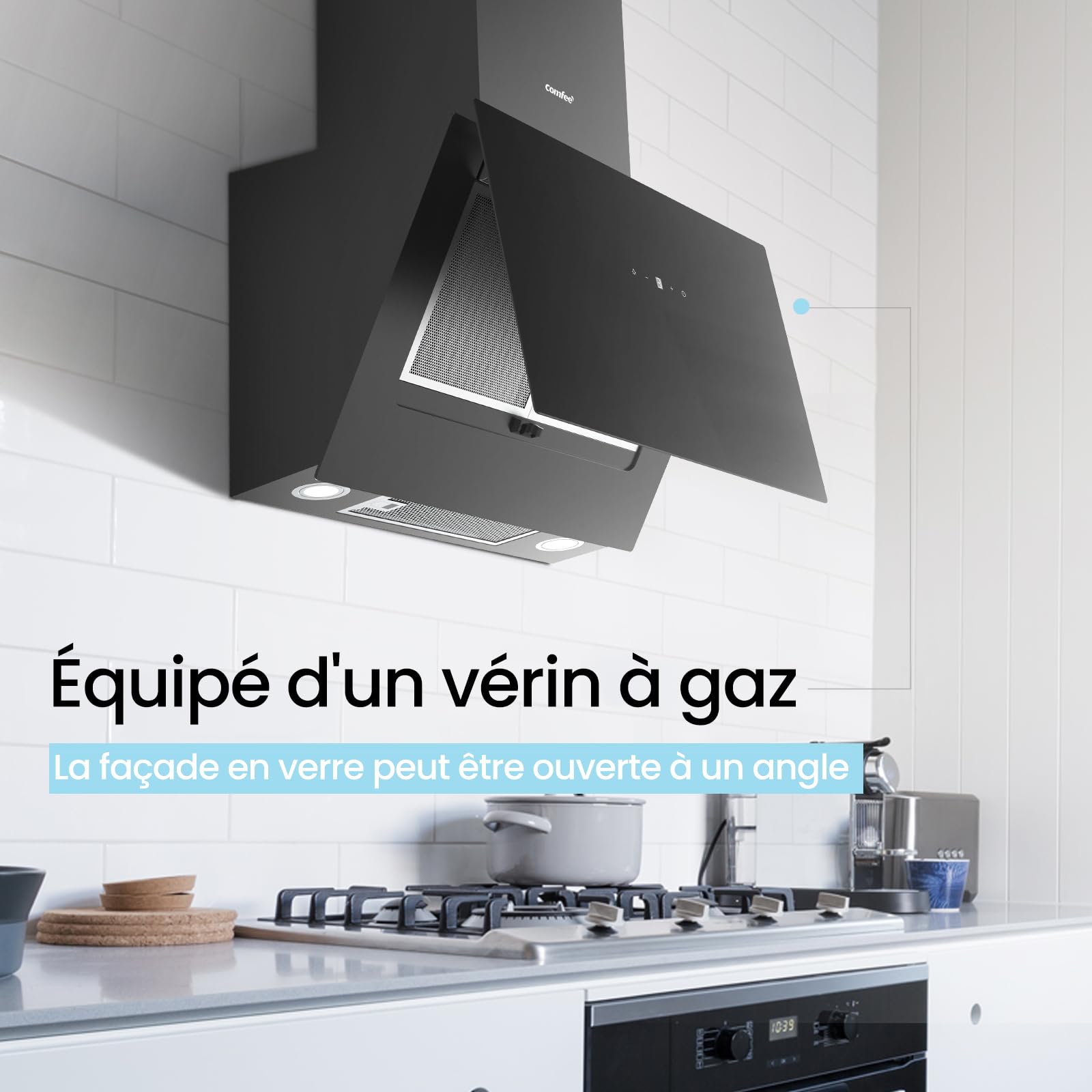 COMFEE Hotte Aspirante Inclinée 60cm - 650m³/h - Classe A+++ - Commandes Gestuelles - 4 vitesses - 2 Filtres à Charbon - Verre Noir - 2*1.5W LED - 9