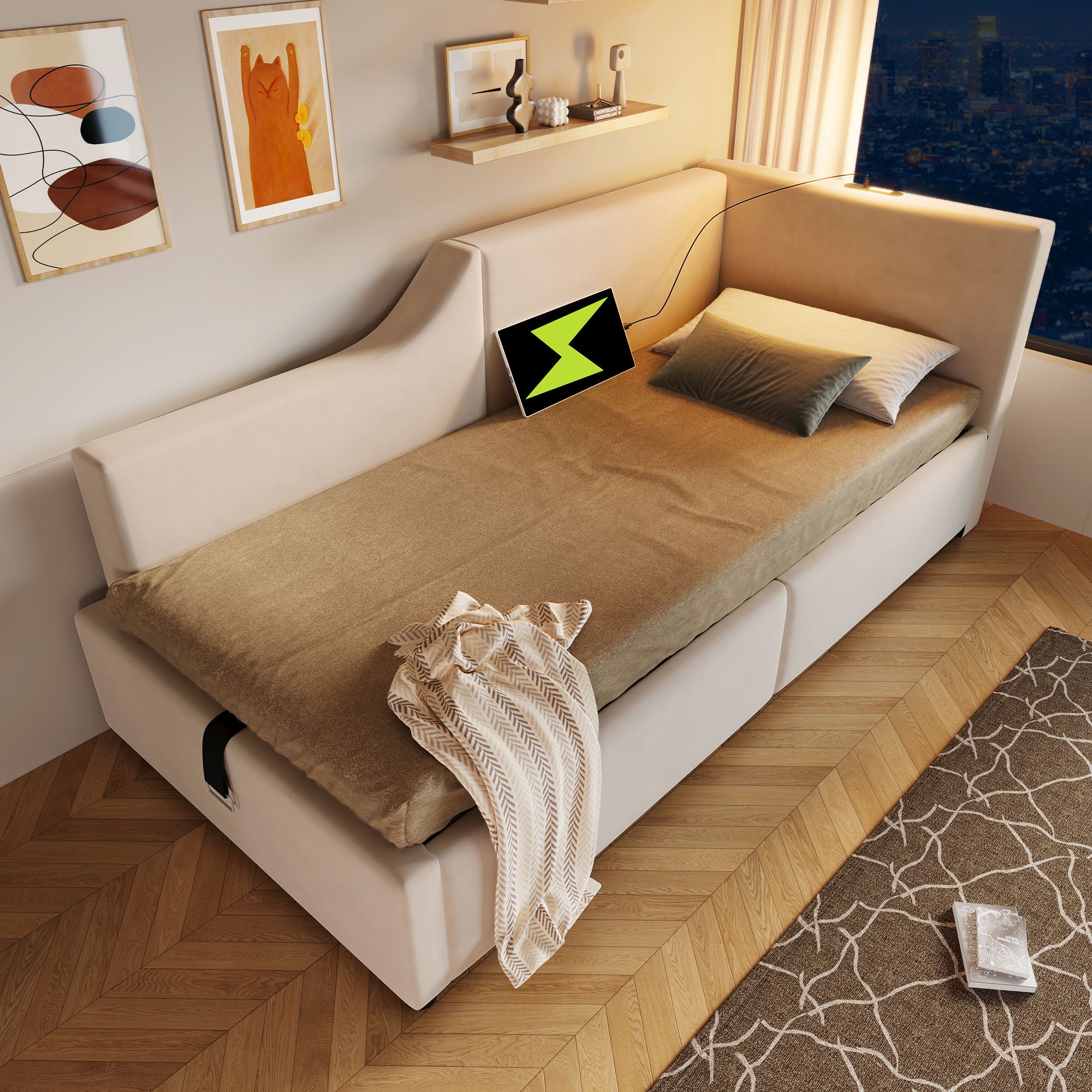 Letto Singolo 90x190 Cm Con Contenitore - Divano Letto Imbottito, Luci E USB, Testiera In Velluto - Foto 4