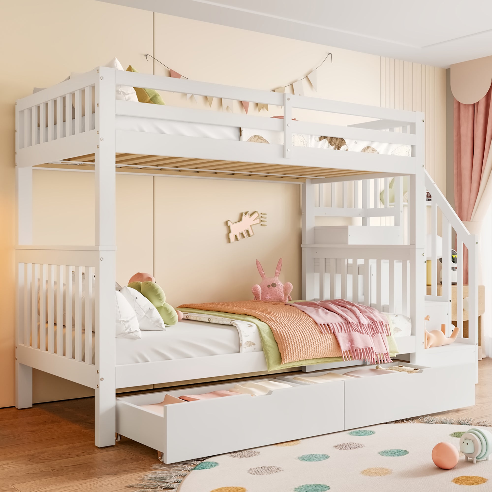Lit superposé 90 x 200 cm, étagère escalier, équipé de deux tiroirs, garde-corps hauts, blanc - 4