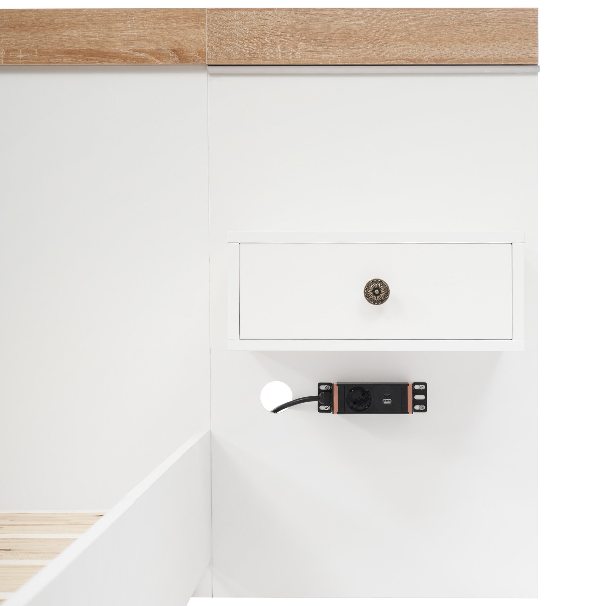 Łóżko dwuosobowe 140x200 cm z drewna z zawieszanymi szafkami nocnymi + LED i portami USB + stelaż na listwy - Białe - 8