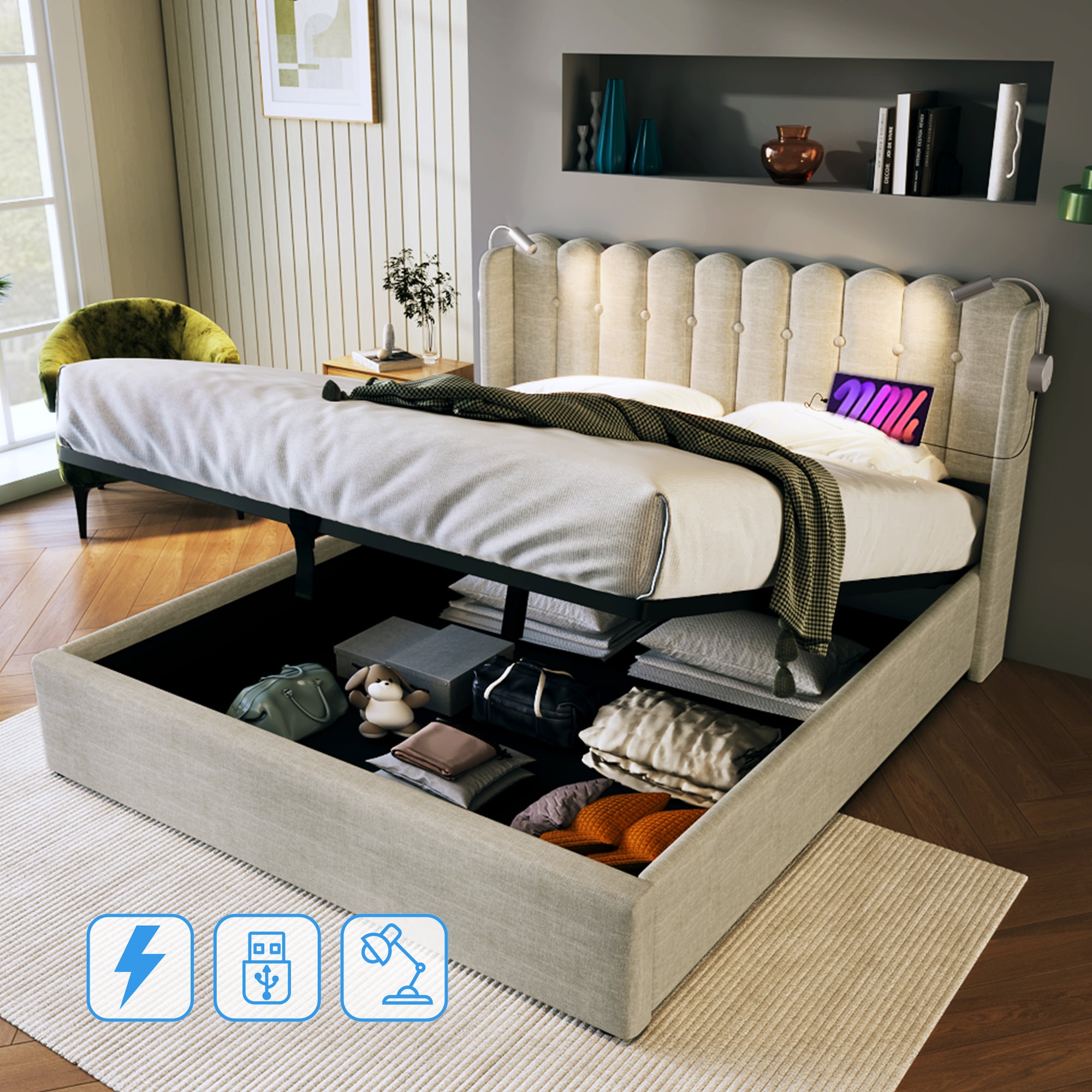 Cama contenedor tapizada con LED y puertos de carga USB - 140x200cm - tela de lino - con somier - Beige - 2