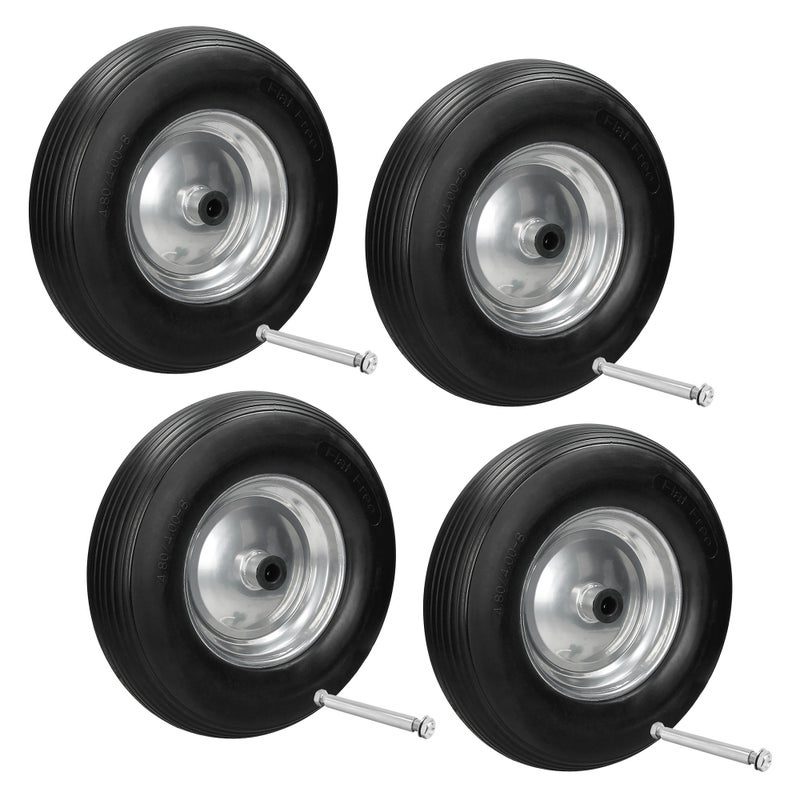 ECD Germany 4 sztuki Kolo do taczki z pelnej gumy PU odpornej na przebicie z osia - Opona z felga stalowa - 4,80/4,00-8 - Srednica 390 mm - Czarny -