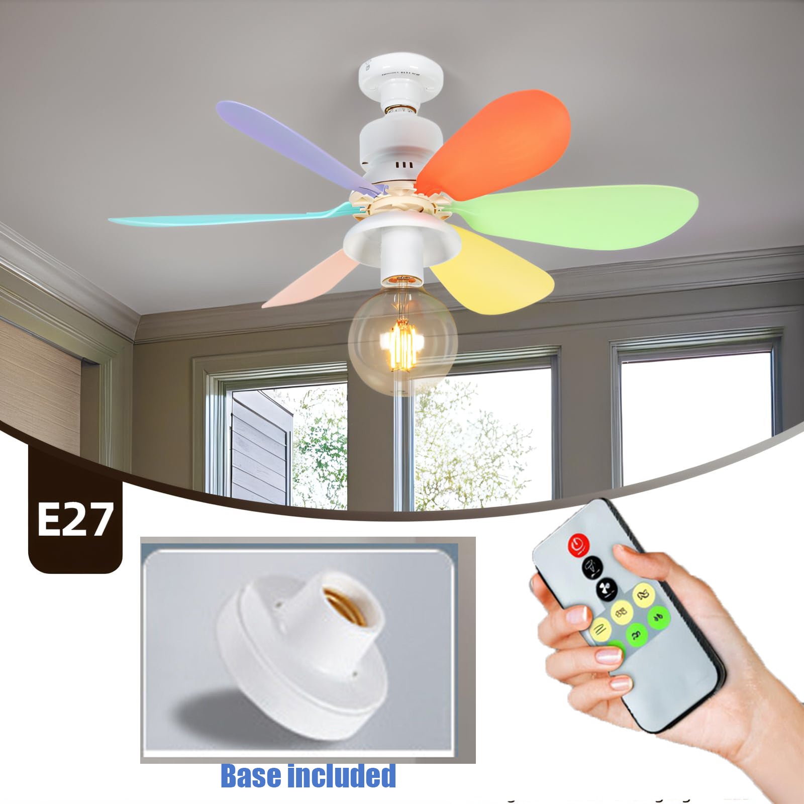 Wkręcany wentylator sufitowy 52 cm z pilotem i podstawą E27, trzy prędkości, timer, 86-265 V, kolorowy (bez źródła światła)