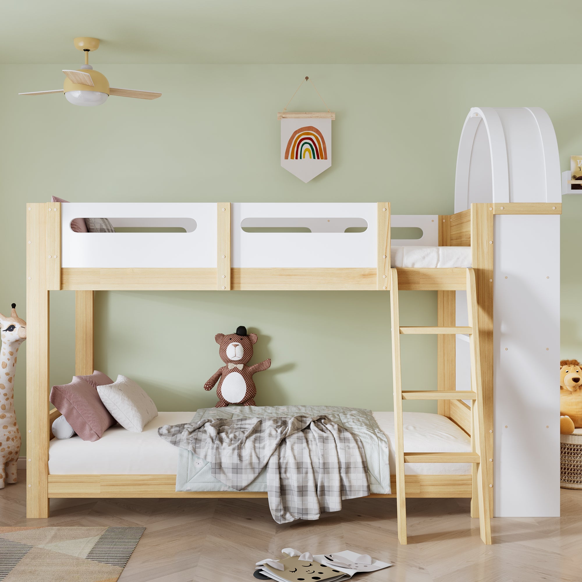 Łóżka piętrowe 2 x 90 x 200 cm z 3-poziomową półką - Sosna + MDF + sklejka - Białe + naturalne (Materace nie są wliczone w cenę) - 2