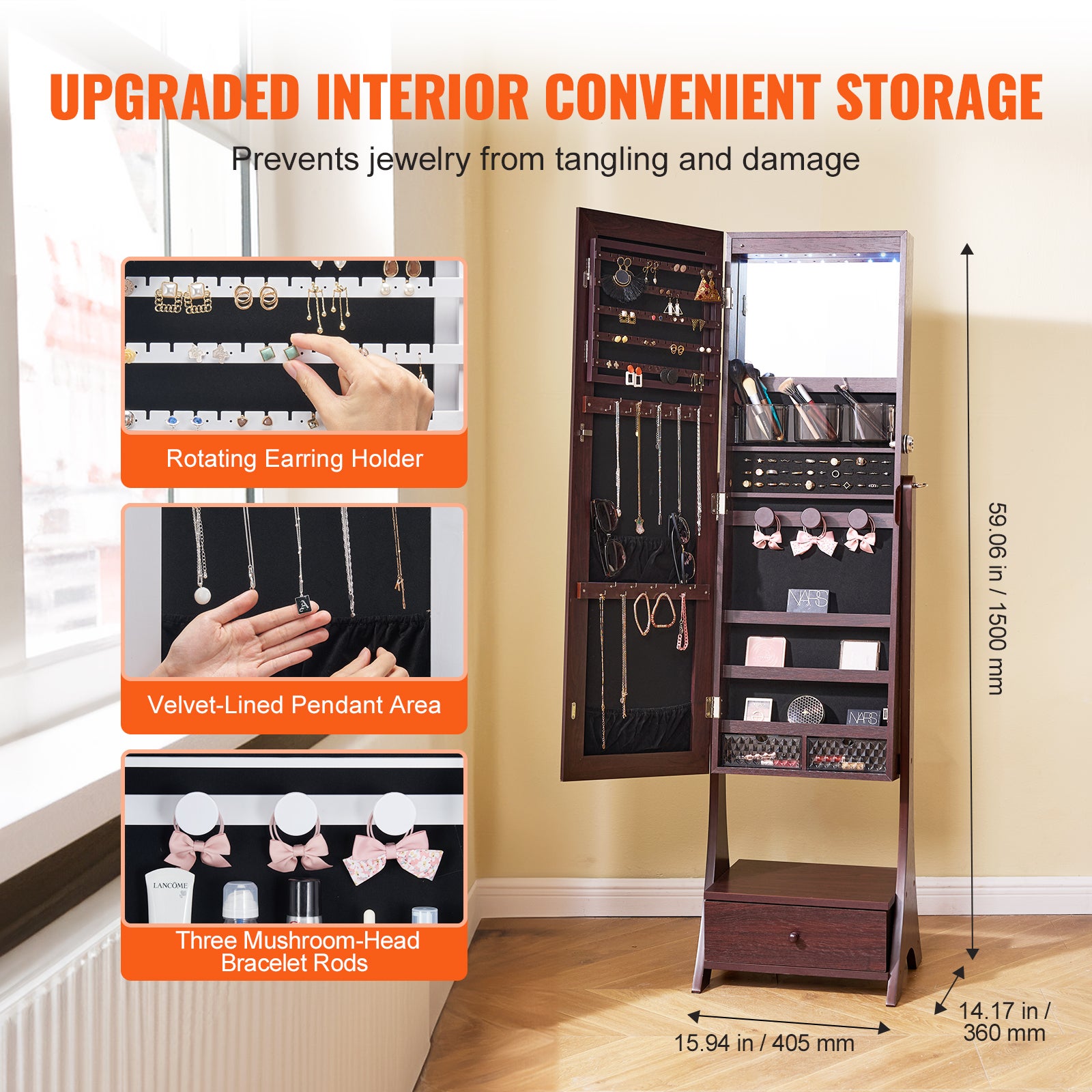 Armoire à Bijoux VEVOR avec Miroir Pleine Longueur, Organisateur sur Pied, Verrouillable, Intérieur LED, Velours, Tiroirs, Marron - 4